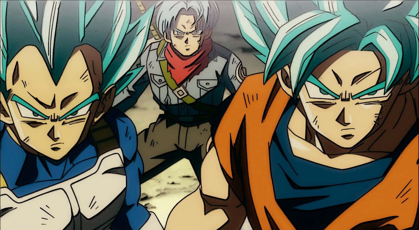 Vegeta And Trunks 桌布 壁紙 — 三位充滿鬥志的動漫戰士，擁有尖刺般的藍色頭髮和堅定的表情，準備好戰鬥。