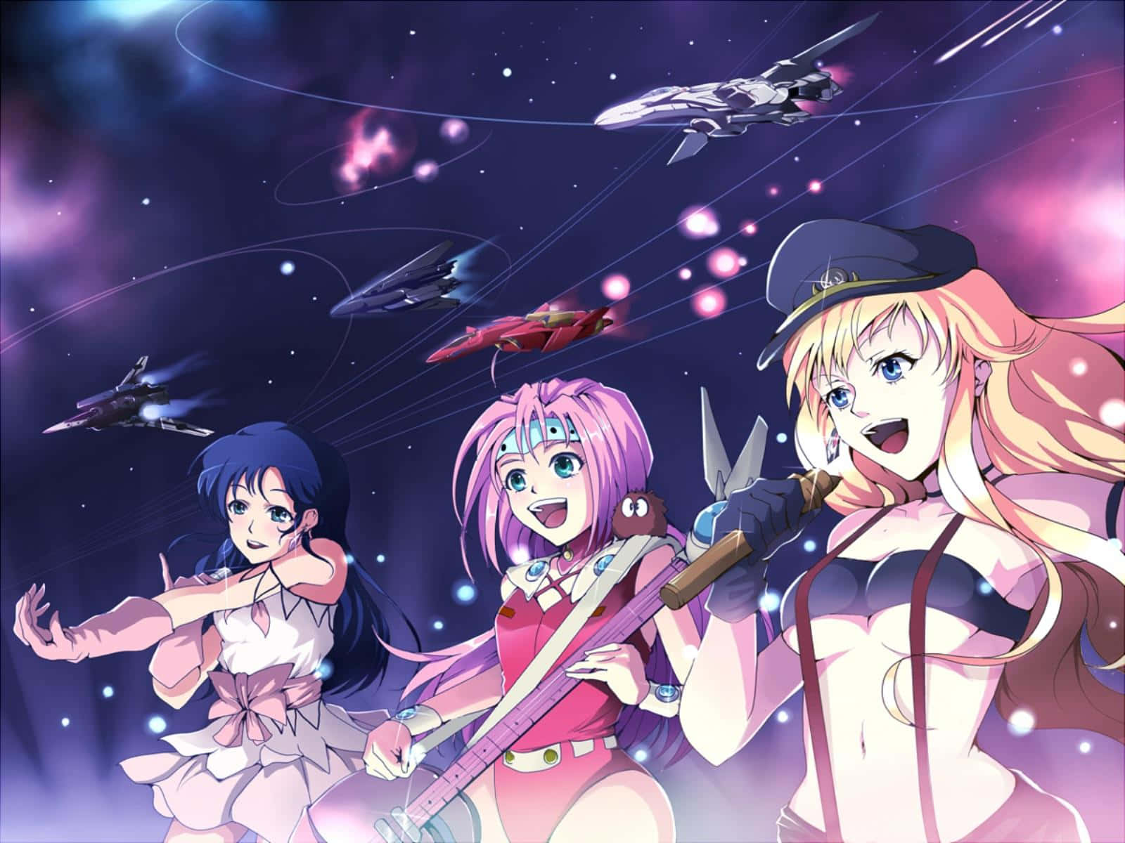 Macross Delta 桌布 壁紙 — 三位動漫女孩在太空中，星艦飛過發光的星雲和宇宙粒子。