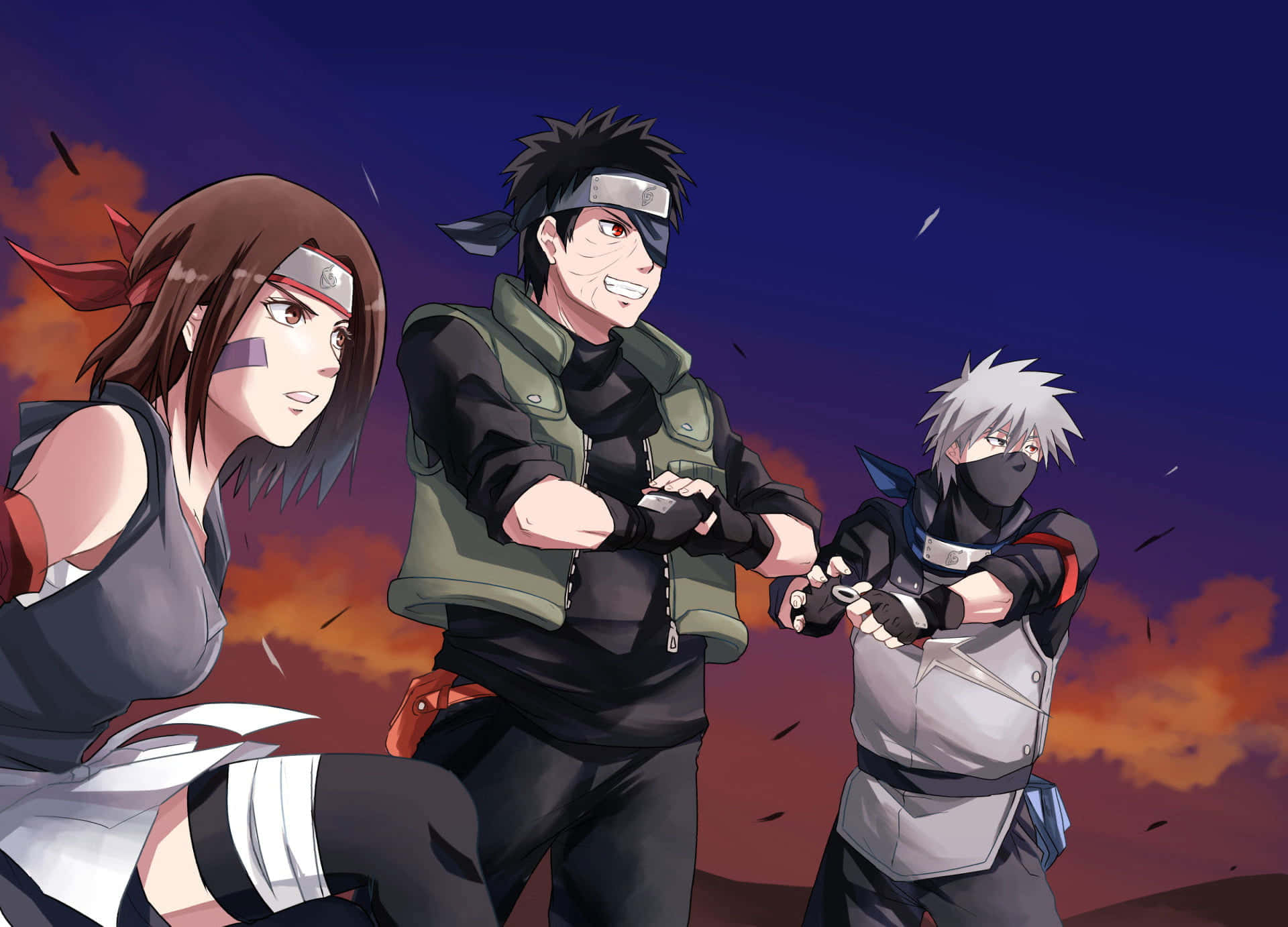 Kakashi And Tobi 桌布 壁紙 — 三位動漫忍者戰士在戲劇性的雲彩襯托下，準備迎戰熾熱的日落天空。