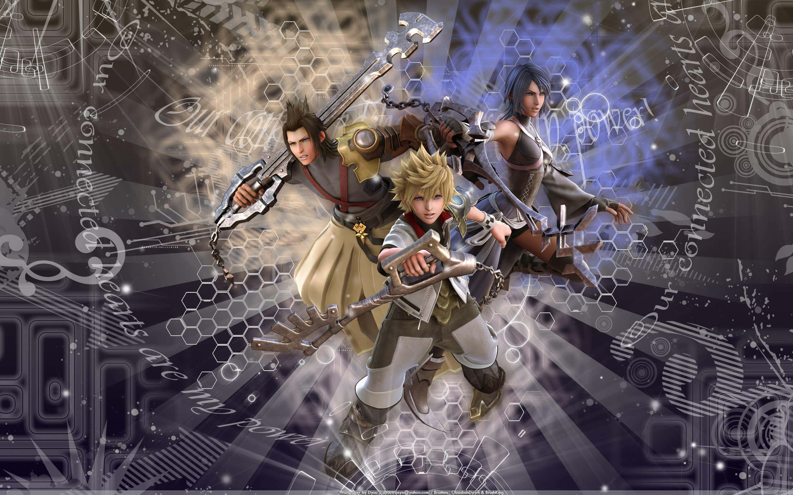 Kingdom Hearts Ventus 桌布 壁紙 — 三位動漫戰士以動態姿勢揮舞發光的鑰刃，背景為六邊形圖案並帶有浮動文字。