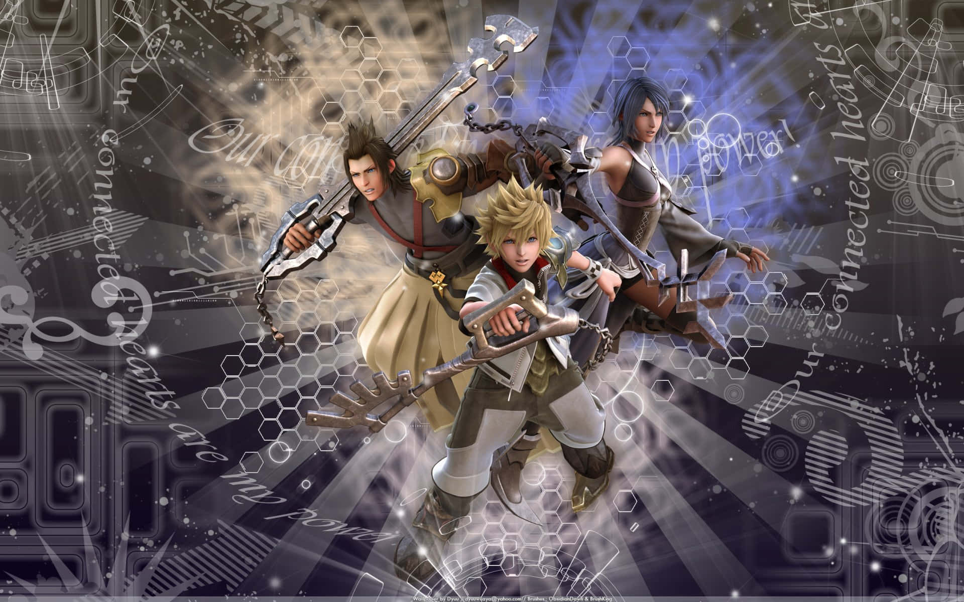 Kingdom Hearts Terra 桌布 壁紙 — 三位動漫戰士以動態姿勢揮舞鑰刃，背景為發光的六邊形和浮動文字。