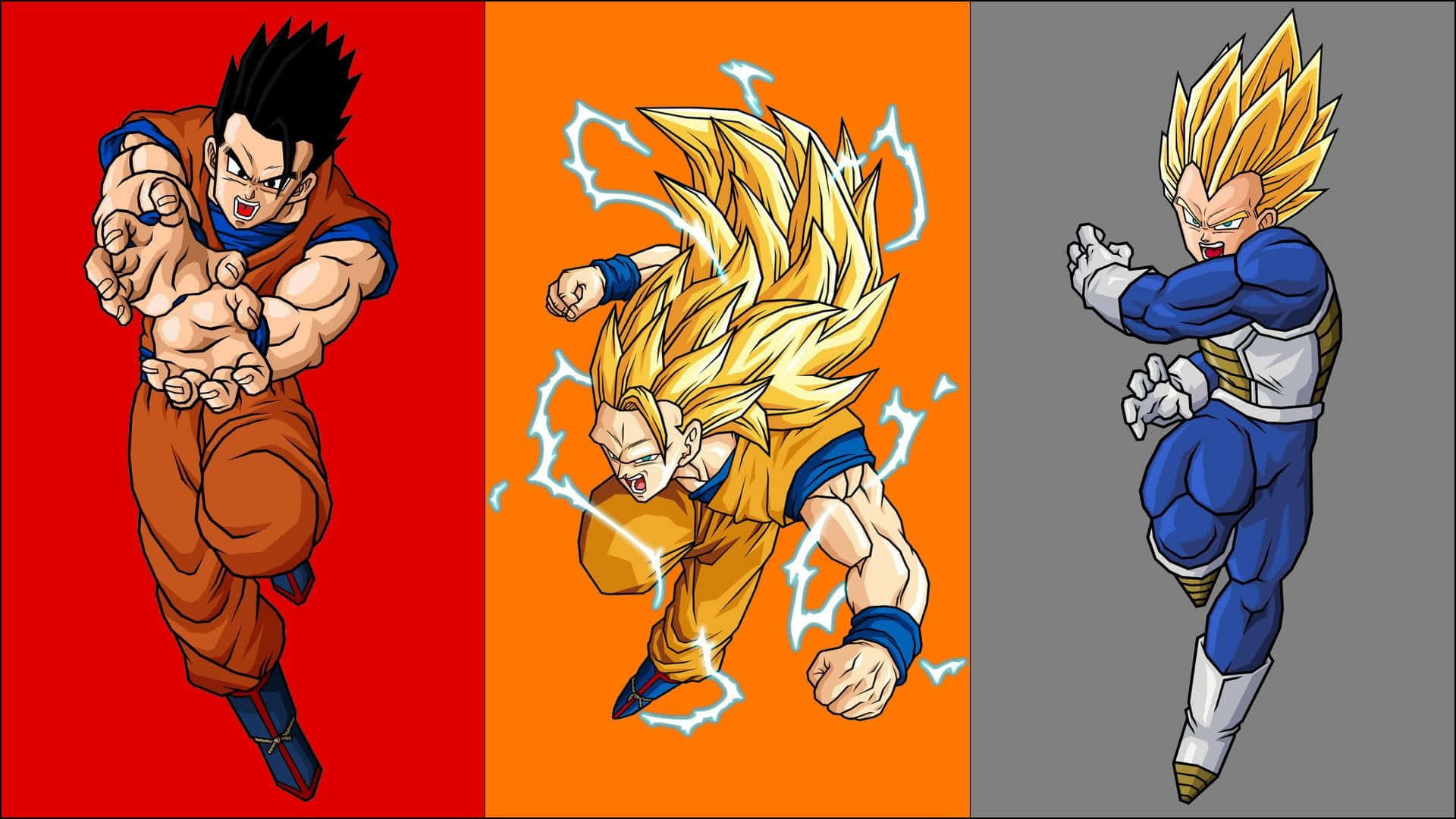 Dragon Ball Z Characters 桌布 壁紙 — 三位動漫戰士以動態戰鬥姿勢呈現，背景為大膽色彩並帶有電能效果。