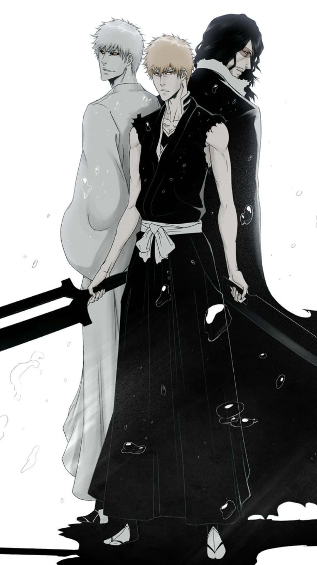 Zangetsu 桌布 壁紙 — 三位動漫戰士以單色背靠背站立，在純白背景前拔劍，背景中有漂浮的氣泡。
