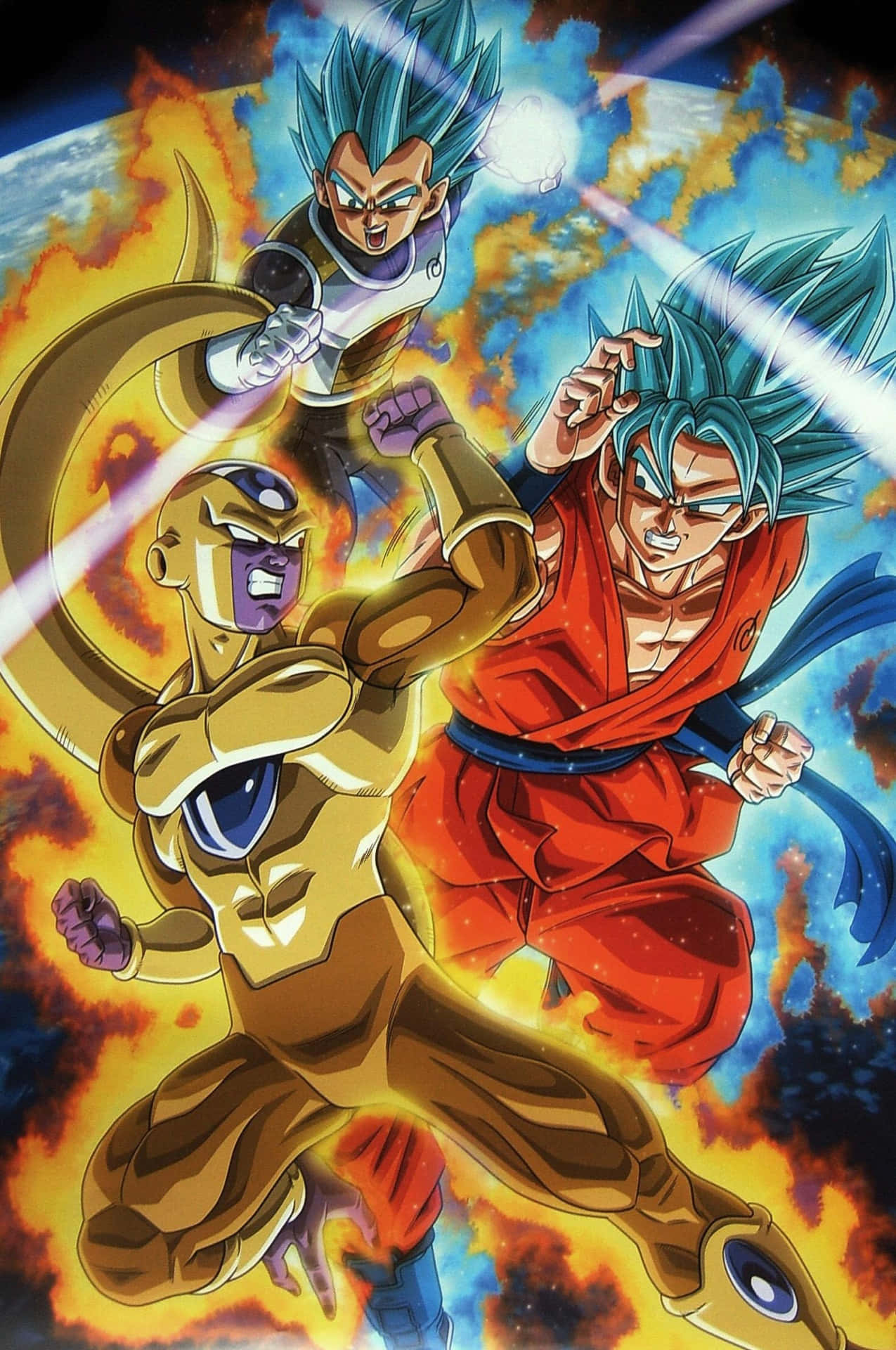 Vegeta And Frieza 桌布 壁紙 — 三位動漫戰士在熾熱的宇宙天空中戰鬥，伴隨著發光的能量光束和爆炸性的火焰。