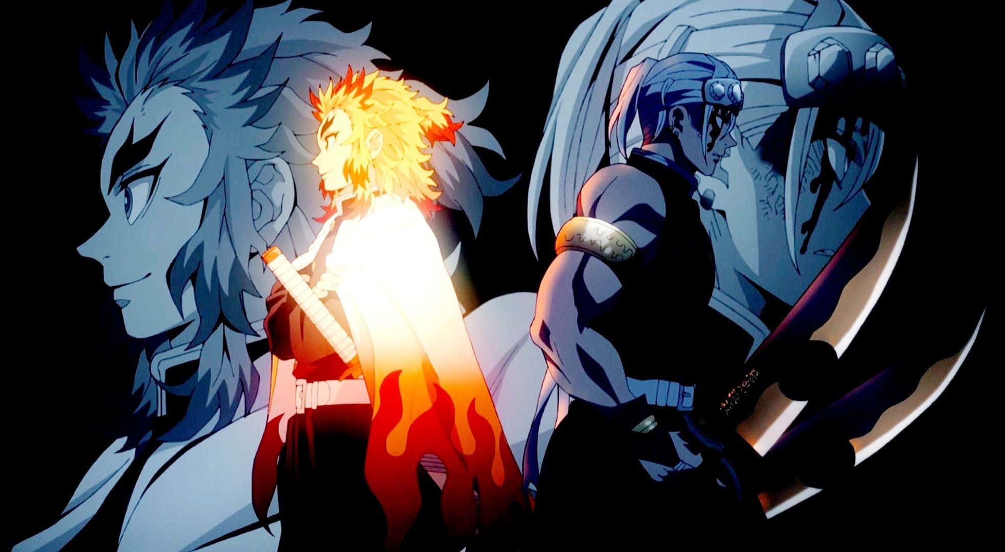 Rengoku And Tengen 桌布 壁紙 — 三位動漫戰士在黑暗背景下以剪影站立，其中一位散發出火熱的橙色光芒。