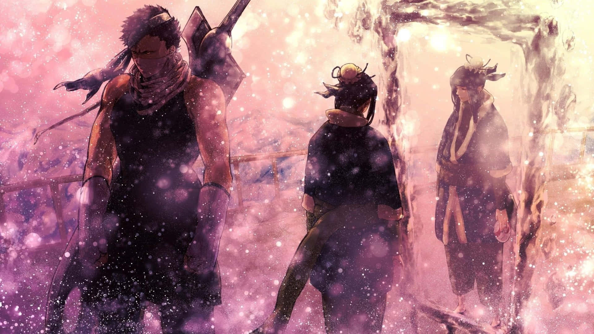 Naruto Haku 桌布 壁紙 — 三位動漫戰士站在一個神秘的粉紅色和紫色雪景中，發光的粒子在他們周圍旋轉。