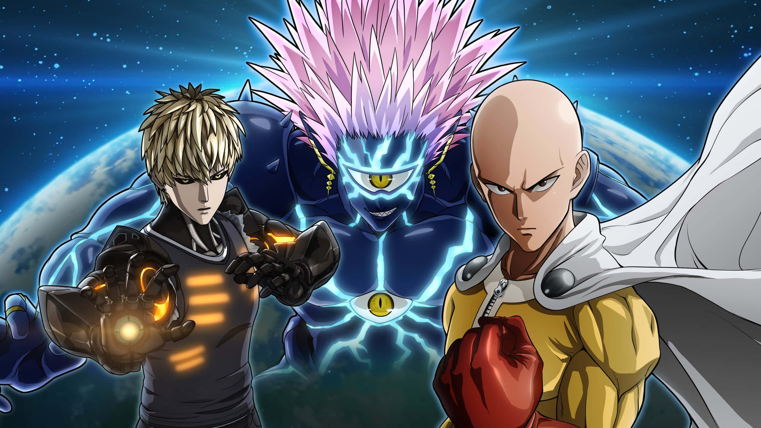 Genos 桌布 壁紙 — 三位動漫英雄在宇宙背景下，身後有一顆發光的星球，傲然挺立。