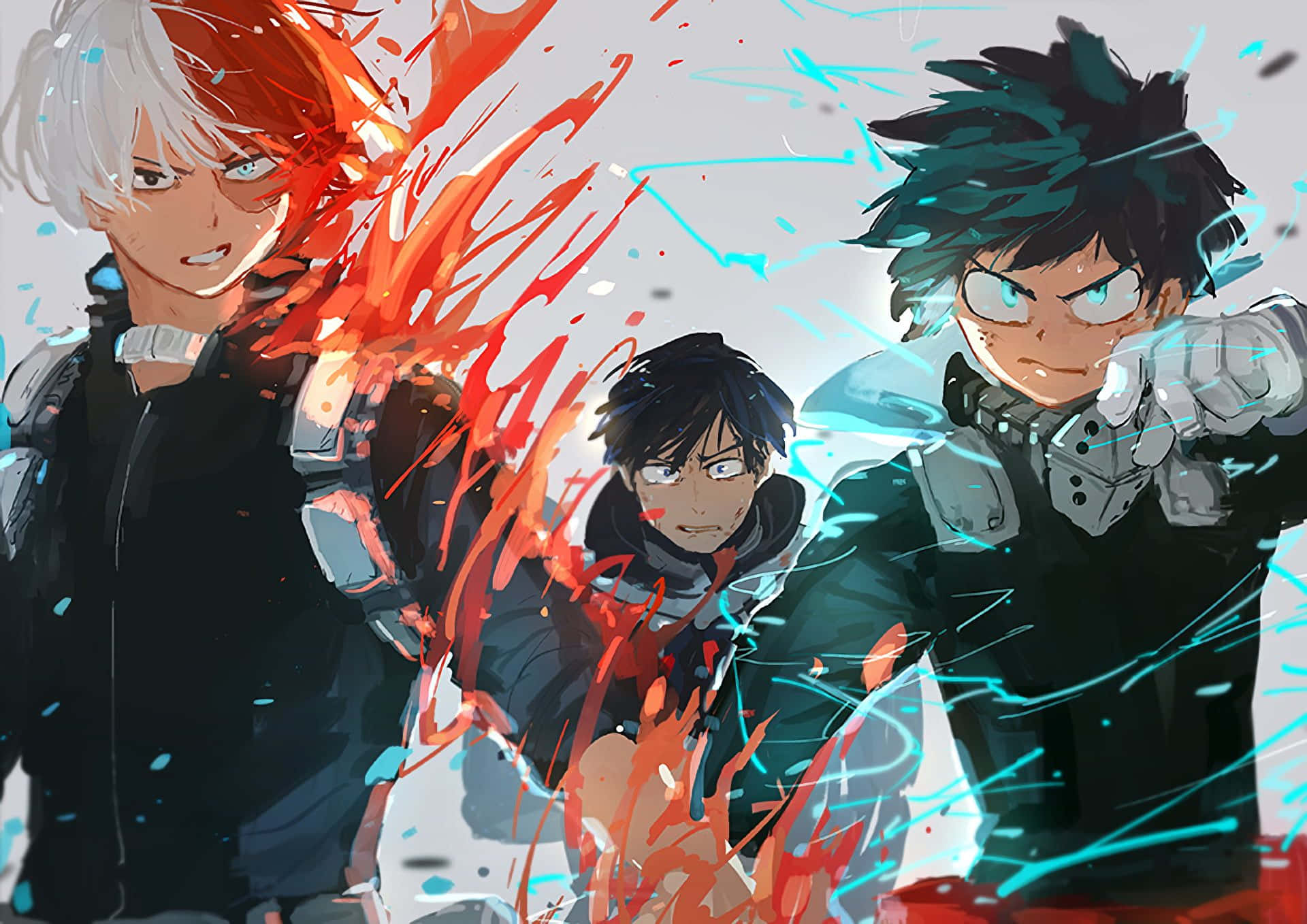Manga Characters 桌布 壁紙 — 三位動漫英雄在純白背景下以動感戰鬥姿勢釋放出火紅和電藍能量。