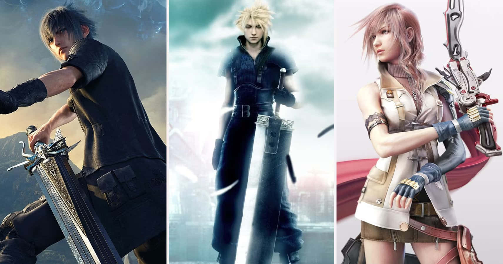Final Fantasy Characters 桌布 壁紙 — 三位動漫風格戰士以動態姿勢揮舞華麗劍刃，背景戲劇性十足。