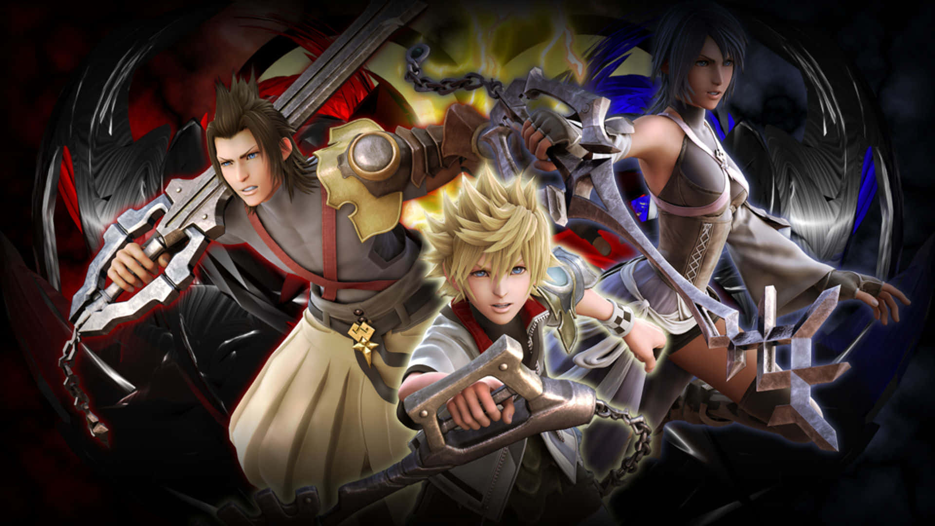 Kingdom Hearts 桌布 壁紙 — 三位動漫風格戰士以動態戰鬥姿勢揮舞發光鍵刃，背景為旋轉的黑暗。