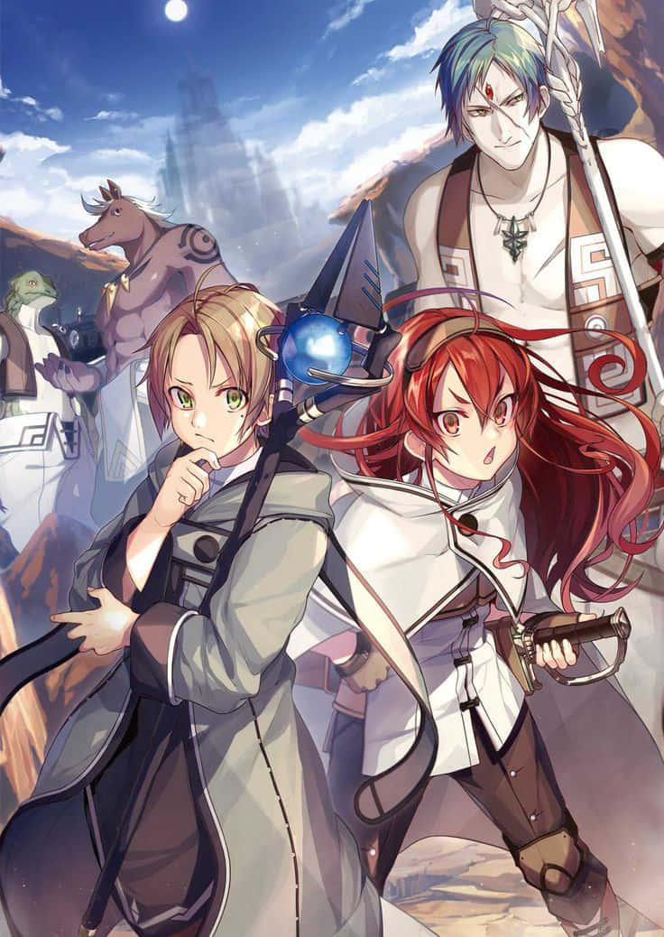Mushoku Tensei 桌布 壁紙 — 三位動畫冒險者手持武器，在明亮的天空下，以城堡和神話生物為背景，準備就緒。