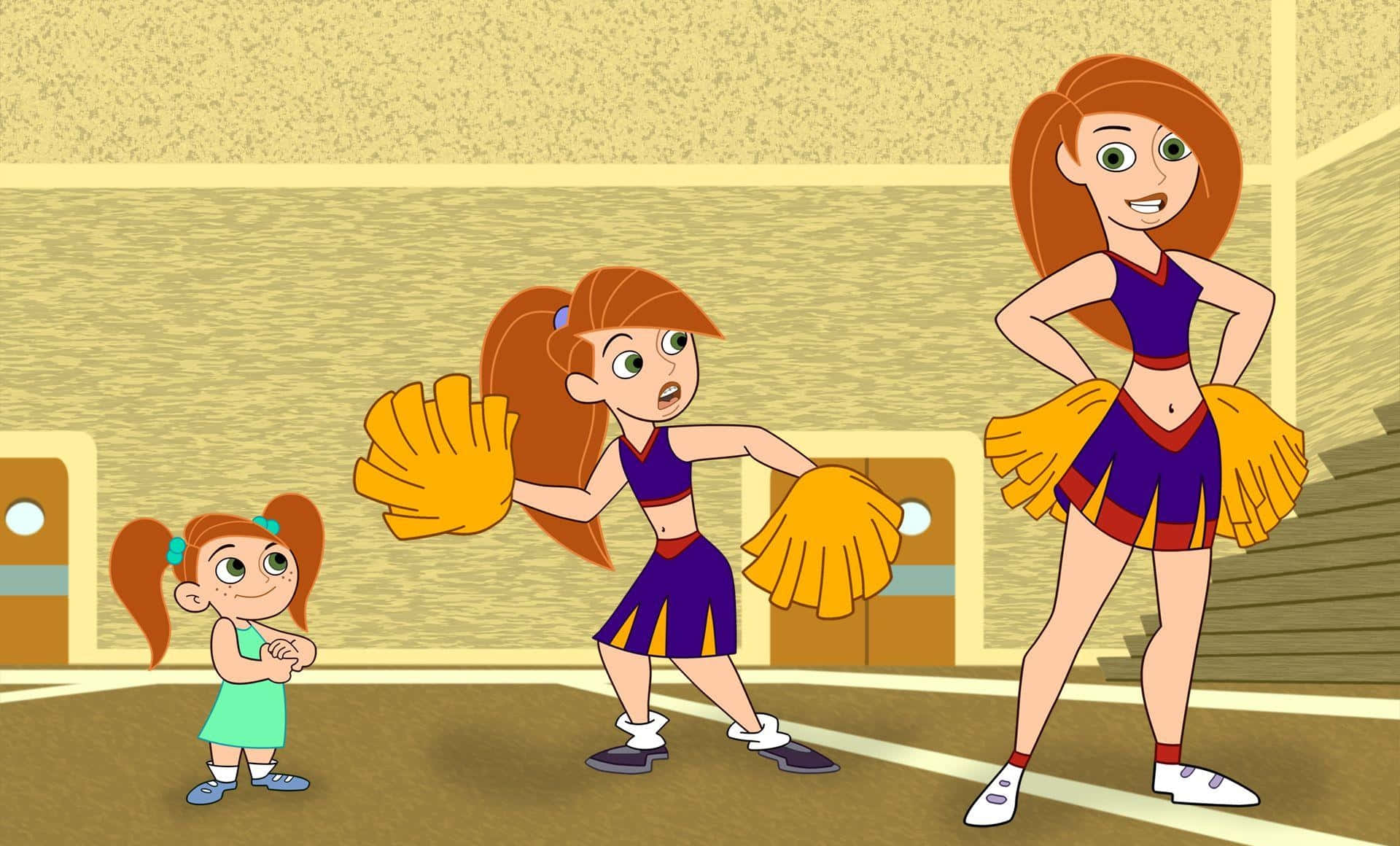 kim possible 桌布 壁紙 — 三位動畫啦啦隊員身穿紫色制服，手持黃色絨球，在體育館內自信地擺姿勢。