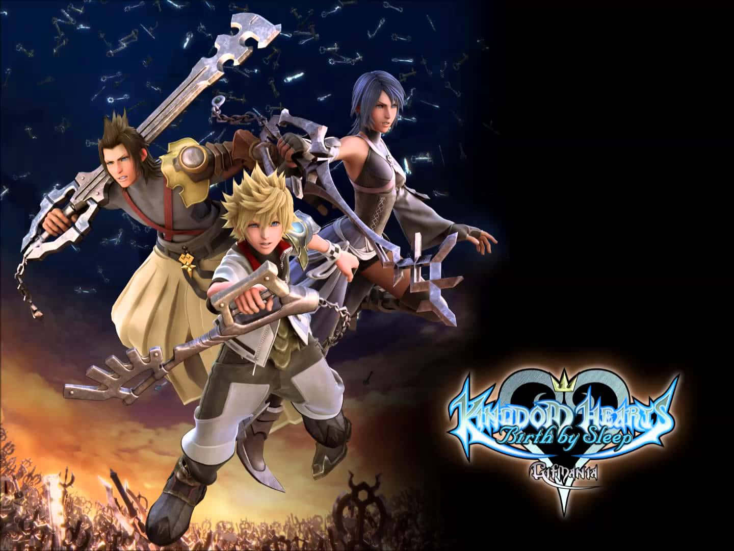 Kingdom Hearts Ventus 桌布 壁紙 — 三位動畫戰士手持鑰刃，在星空下以火熱戰場為背景動態跳躍。