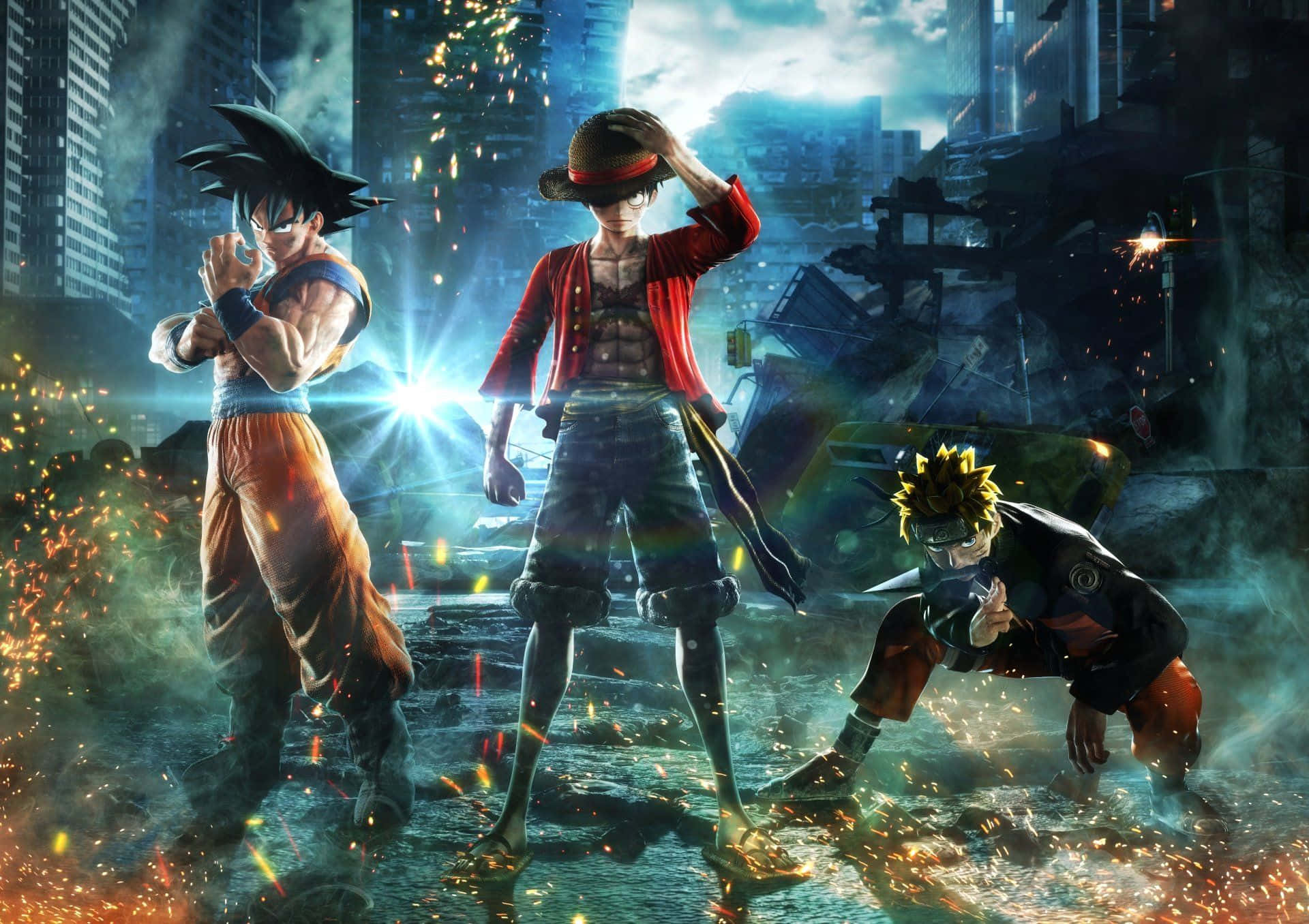3d Gaming 桌布 壁紙 — 三位動畫英雄在破碎的城市景觀中準備戰鬥，火花在他們周圍飛舞。