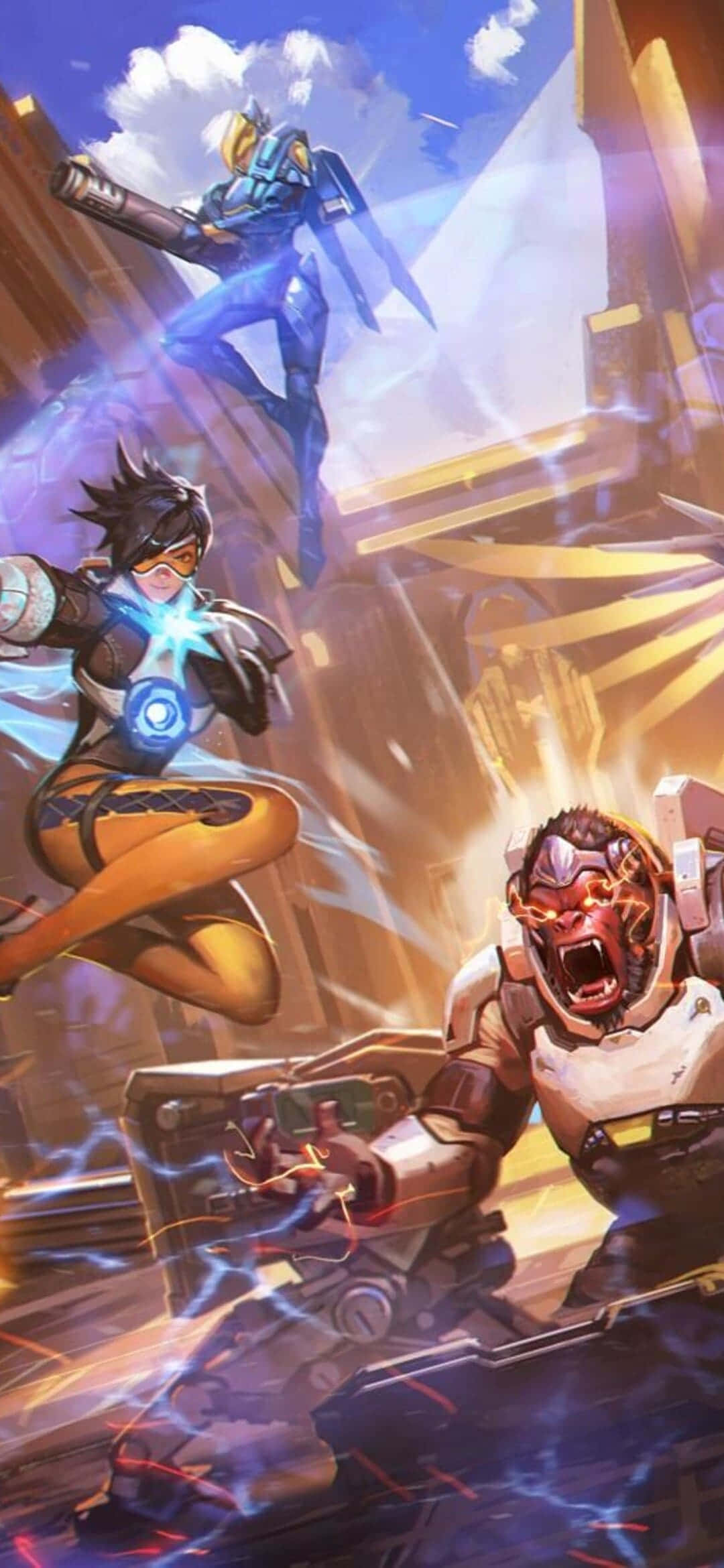Aesthetic Overwatch 桌布 壁紙 — 三位動畫英雄在破碎的未來城市景觀中戰鬥，伴隨著發光的能量效果和動態運動。