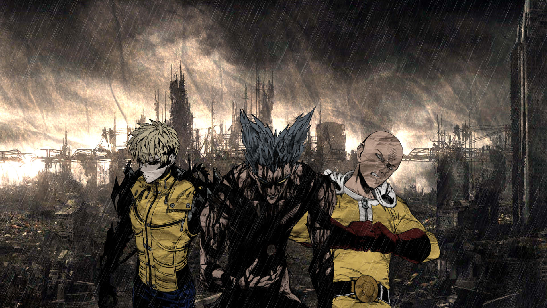 One Punch Man Season 2 桌布 壁紙 — 三位動畫英雄在風暴天空下，屹立於被雨水浸透的廢墟城市中，表現出挑釁姿態。