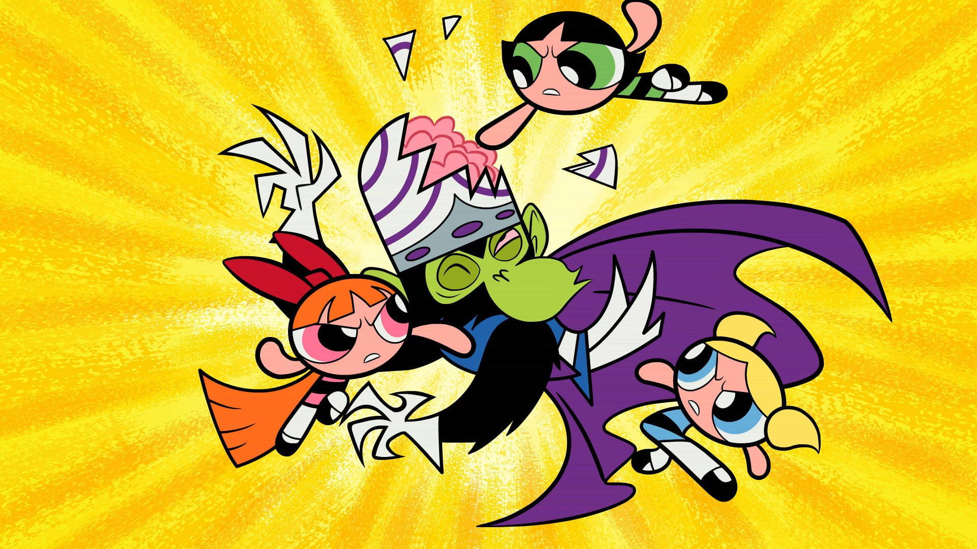 powerpuff girls baddie 桌布 壁紙 — 三位動畫超級英雄女孩以動感姿勢與綠色反派戰鬥，背景是燦爛的黃色太陽光芒。
