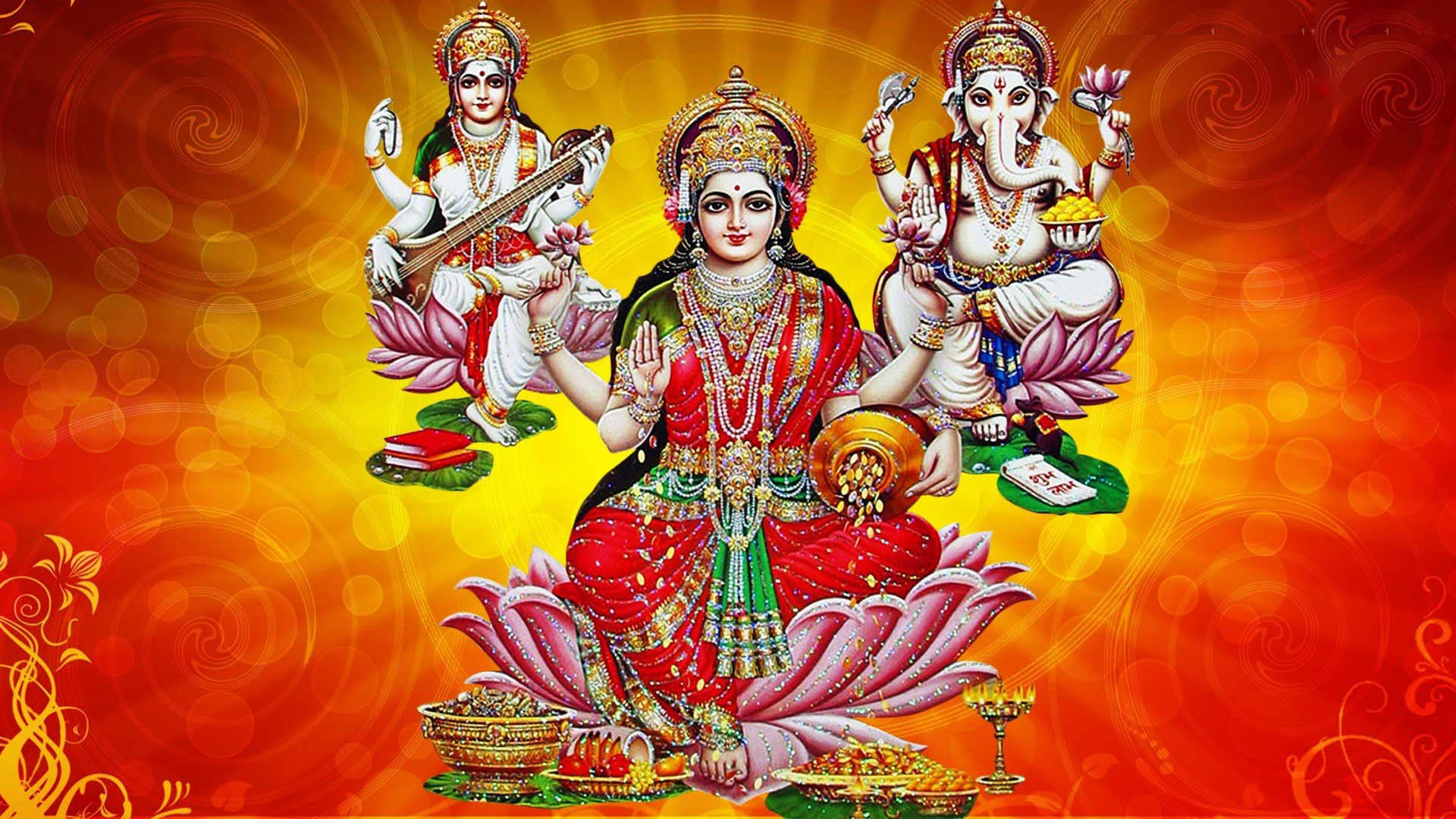 Hindu God 桌布 壁紙 — 三位印度教神祇莊嚴地坐在蓮花上，背景是絢麗的橙色和黃色漩渦。