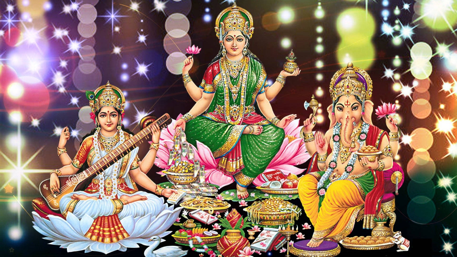 Hindu God 桌布 壁紙 — 三位印度教神祇莊嚴地坐在蓮花上，周圍是閃爍的散景燈光和糖果、硬幣等供品。