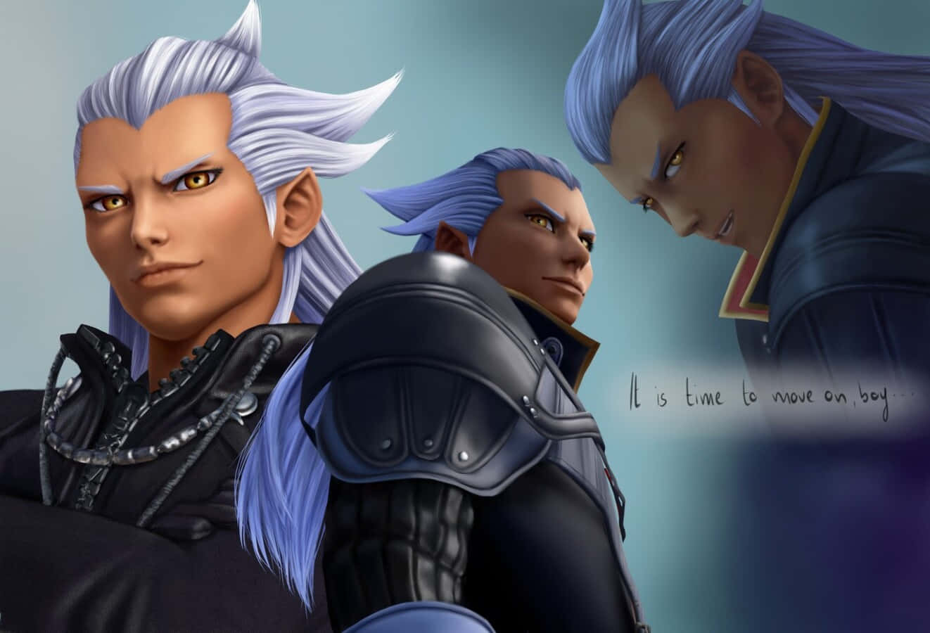 Ansem Seeker Of Darkness 桌布 壁紙 — 三位嚴肅的動漫戰士，擁有尖刺的藍色和銀色頭髮，身穿暗色盔甲，擺出緊張而戲劇性的姿勢。
