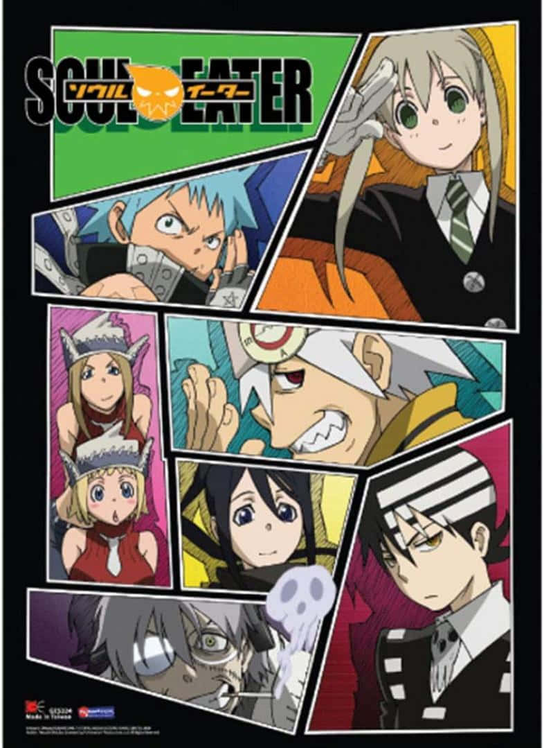 三位夥伴——Maka、Soul Eater與Black Star，準備迎戰邪惡勢力 壁紙 — 一幅充滿活力的《噬魂者》動畫海報，七個角色以動態漫畫風格面板呈現，色彩大膽，表情豐富。