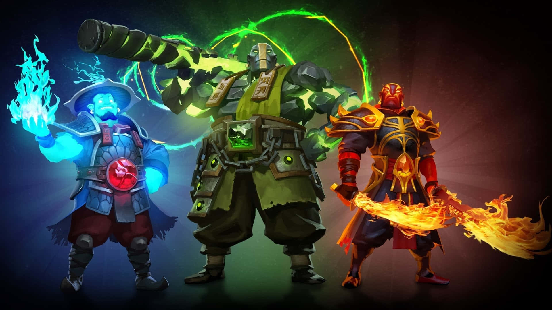 Dota 2 Heroes 桌布 壁紙 — 三位奇幻戰士在黑暗背景下釋放出發光的元素力量：藍色火焰、綠色能量和橙色火焰。
