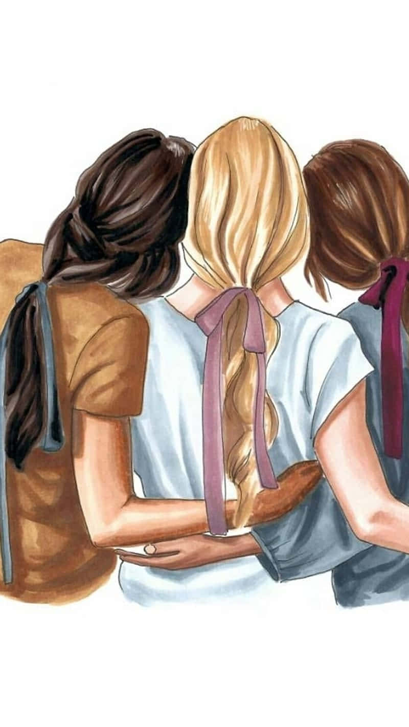 三個辮子女孩從背後互相擁抱。
