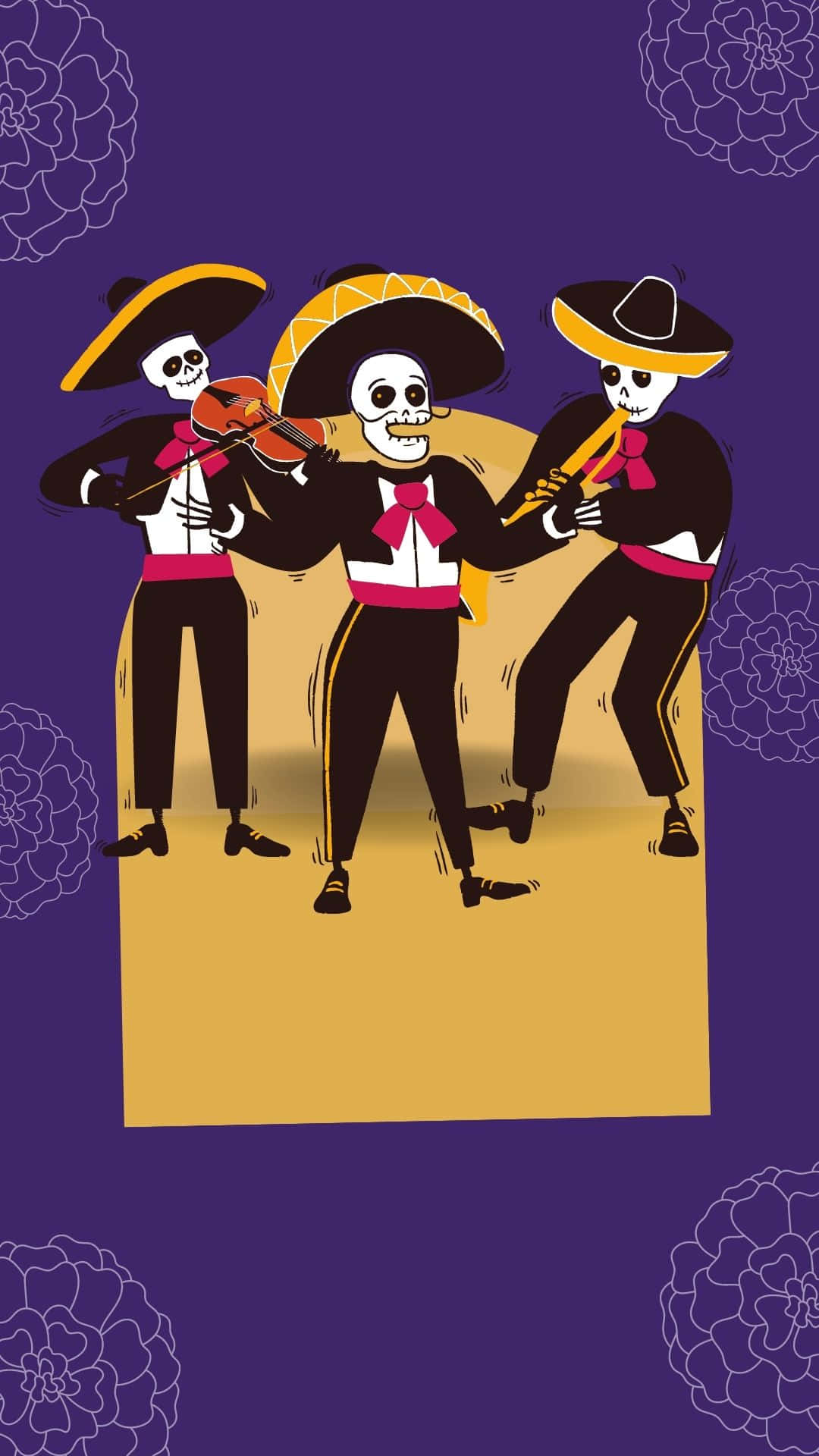 Skeleton Costumes 桌布 壁紙 — 三位戴著闊邊帽的骷髏音樂家在帶有花卉圖案的紫色背景前演奏樂器。