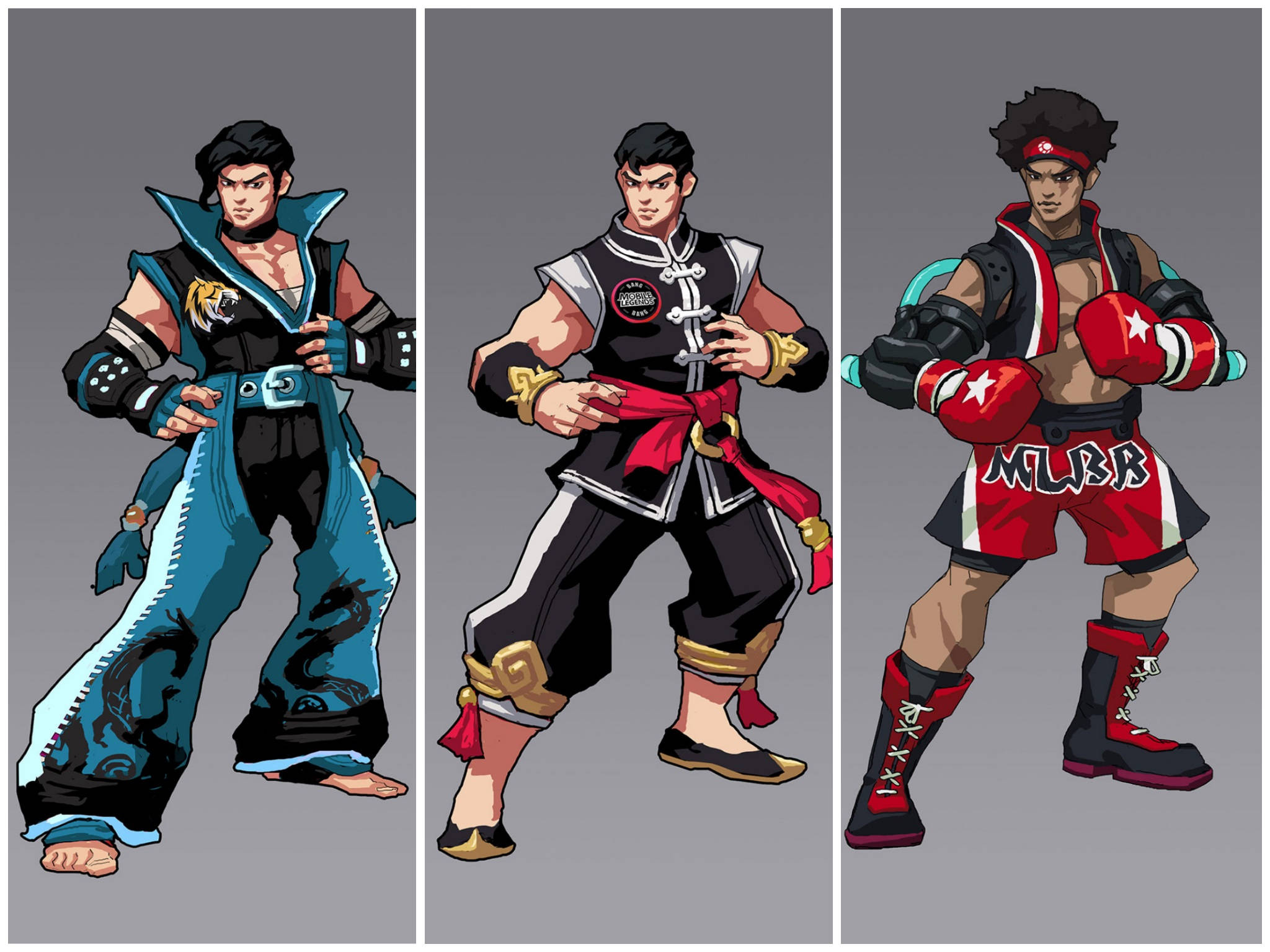 Mobile Legends 桌布 壁紙 — 三位插圖風格的武術家穿著不同的戰鬥服，在純灰色背景前自信地擺姿勢。