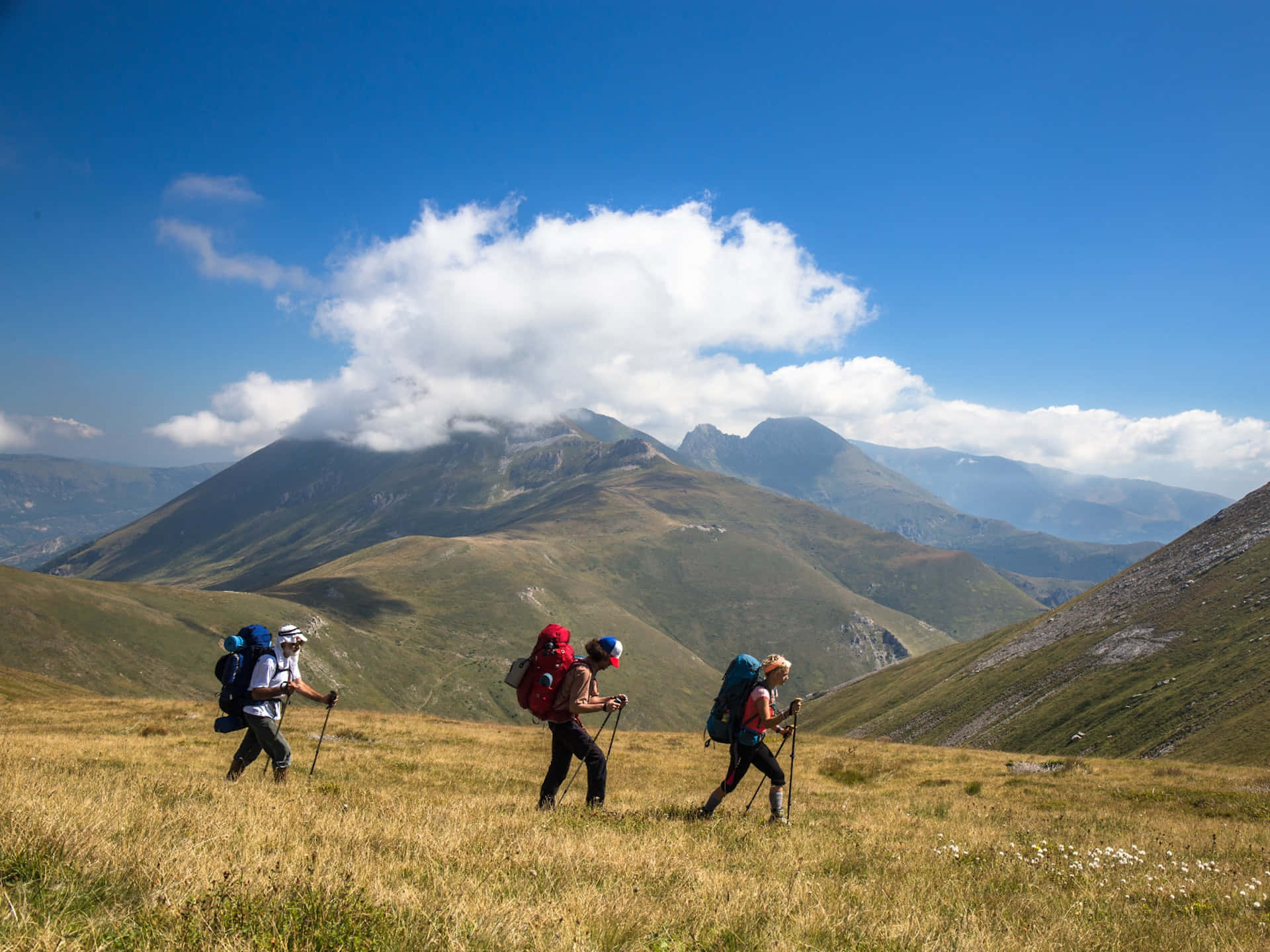 Hiking 桌布 壁紙 — 三位揹著背包的遠足者，在廣闊藍天與蓬鬆白雲下，穿越陽光照耀的草坡。