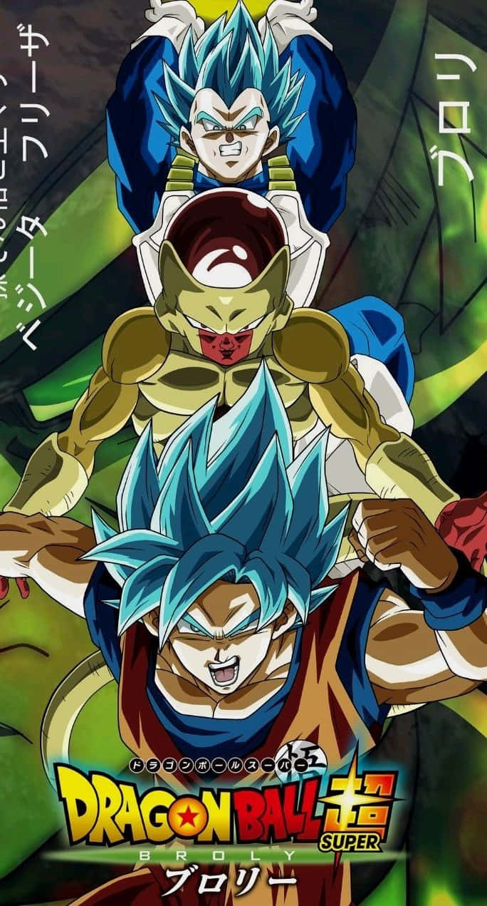 Vegeta And Frieza 桌布 壁紙 — 三位擁有尖刺藍色頭髮和強烈表情的強大動漫戰士，在深綠色背景前擺出動態戰鬥姿勢。