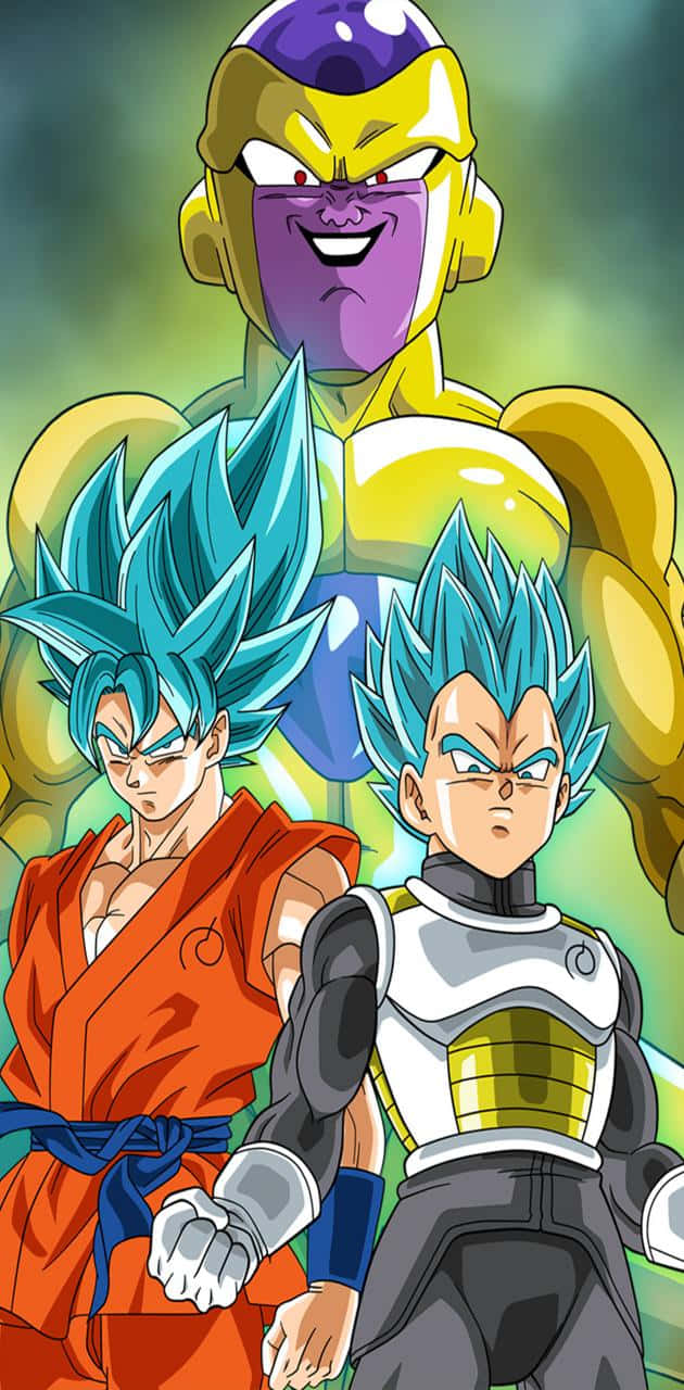 Vegeta And Frieza 桌布 壁紙 — 三位擁有尖刺藍髮的強大動漫戰士，在發光的綠色背景下挑釁地站立。