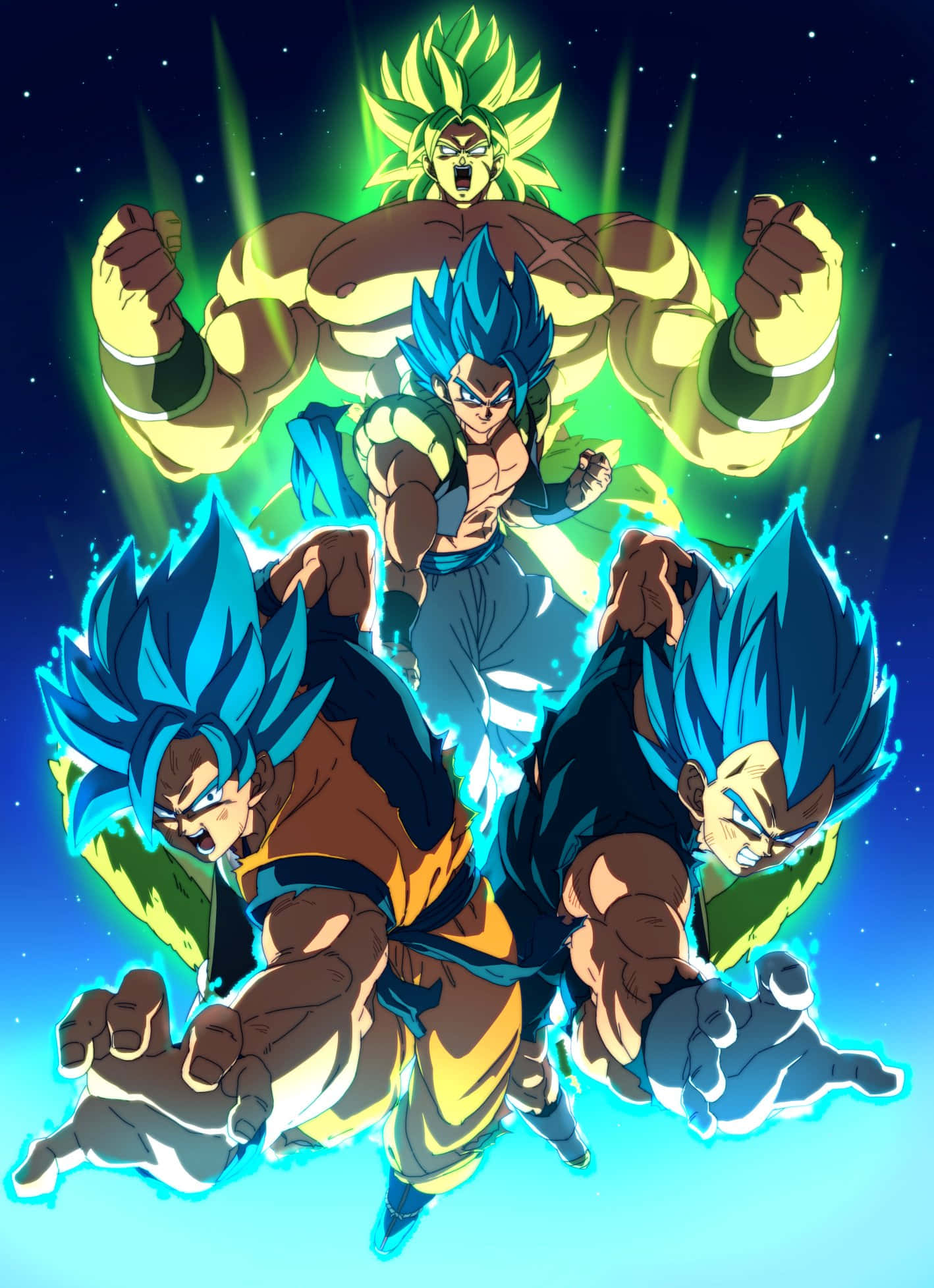 Vegeta And Broly 桌布 壁紙 — 三位擁有發光藍色和綠色頭髮及光環的強大動漫戰士，在星空宇宙背景下動態戰鬥。