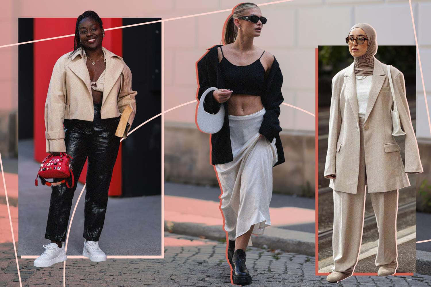 Fashion 桌布 壁紙 — 三位時尚女性在日光下自信地走在城市街道上，穿著多樣化的別緻服裝。