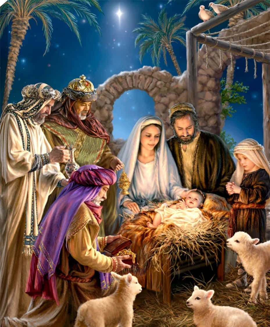 Nativity 桌布 壁紙 — 三位智者喺星空下嘅馬槽中向嬰兒耶穌獻上禮物，周圍有棕櫚樹同羔羊。