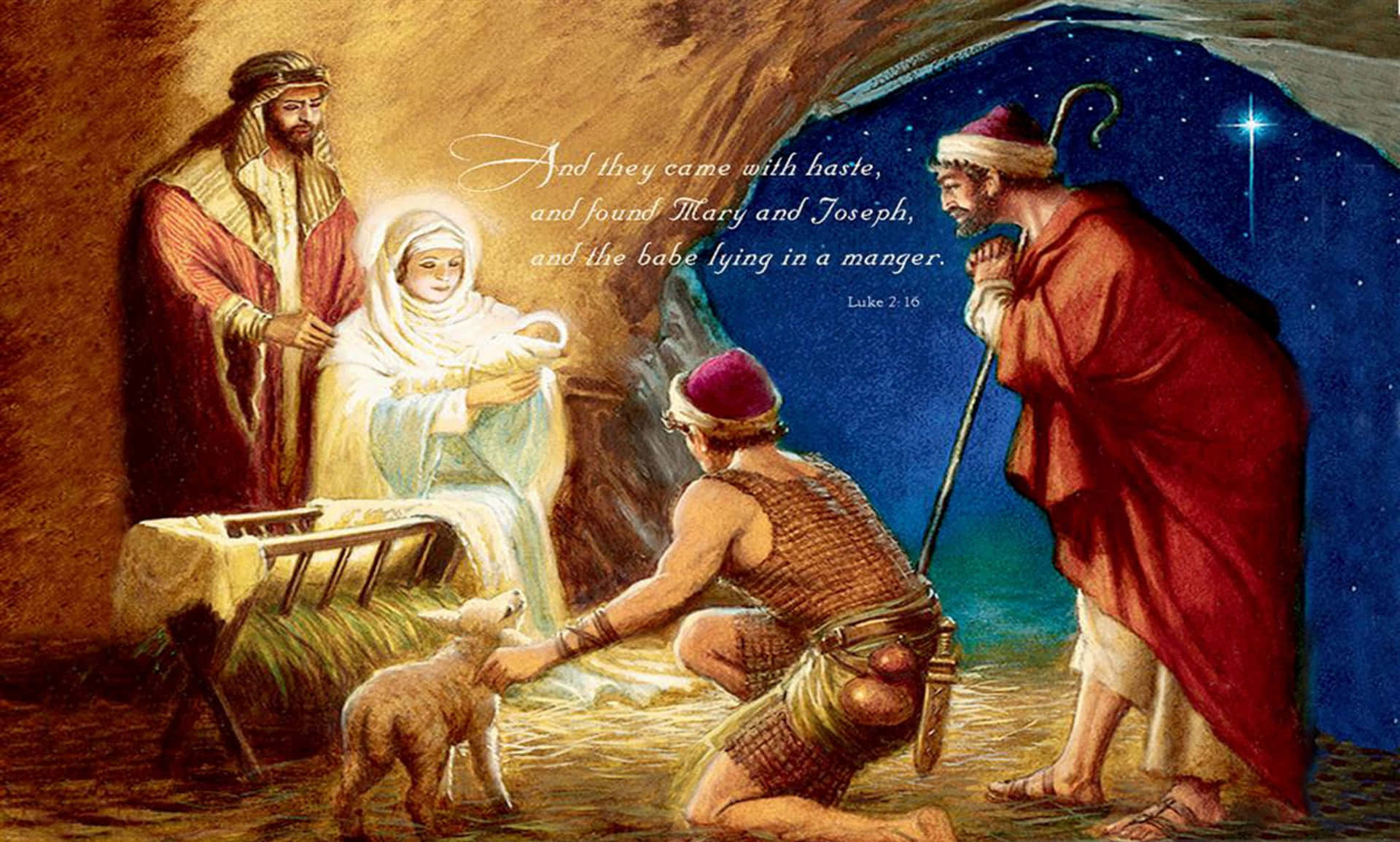 Nativity 桌布 壁紙 — 三位智者在星光熠熠的夜空下跪在馬槽中的嬰兒耶穌面前，馬利亞和約瑟在旁觀看。