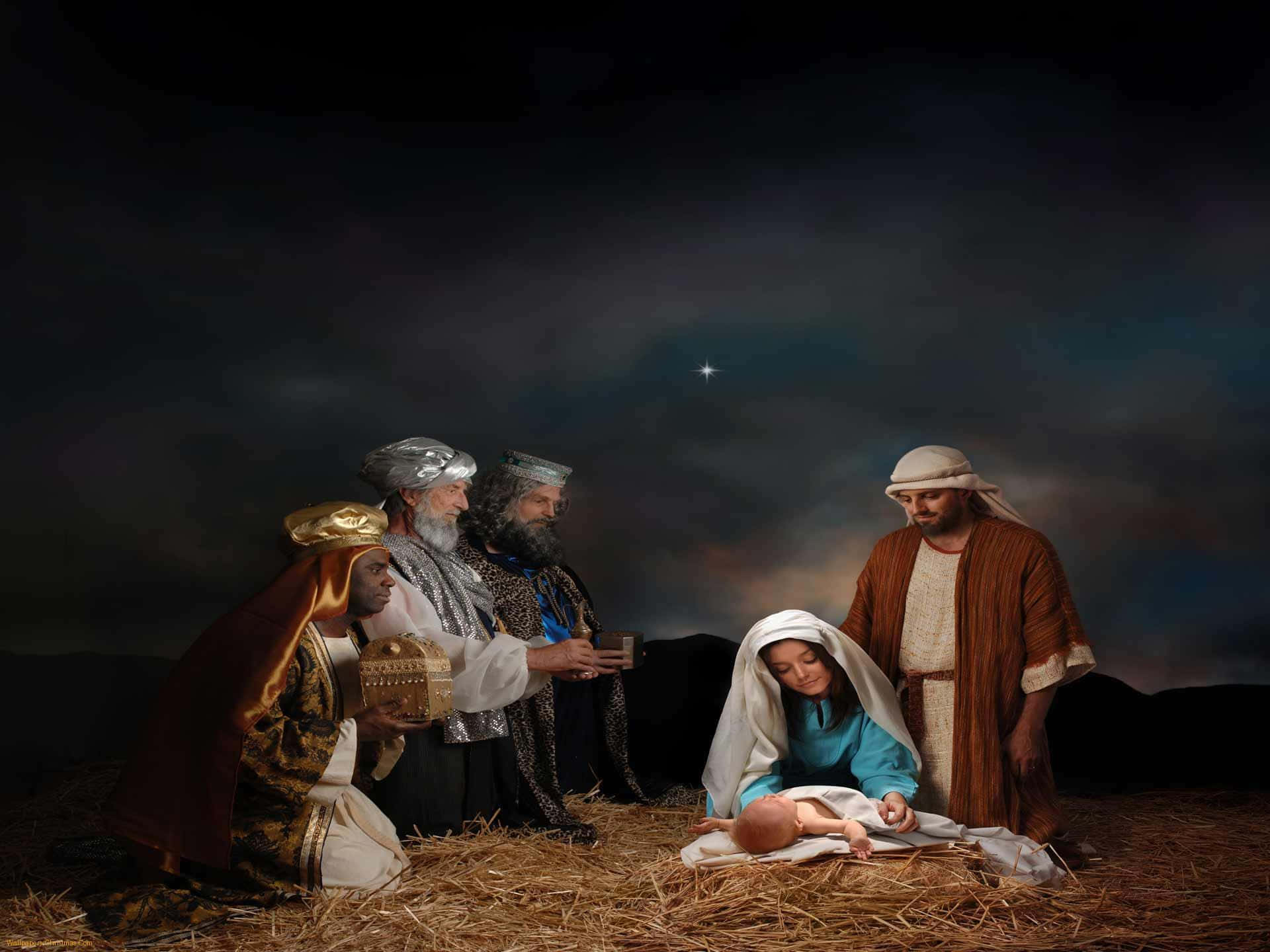 Nativity 桌布 壁紙 — 三位智者在繁星點點的夜空下，跪拜在瑪利亞懷中的嬰兒耶穌面前。