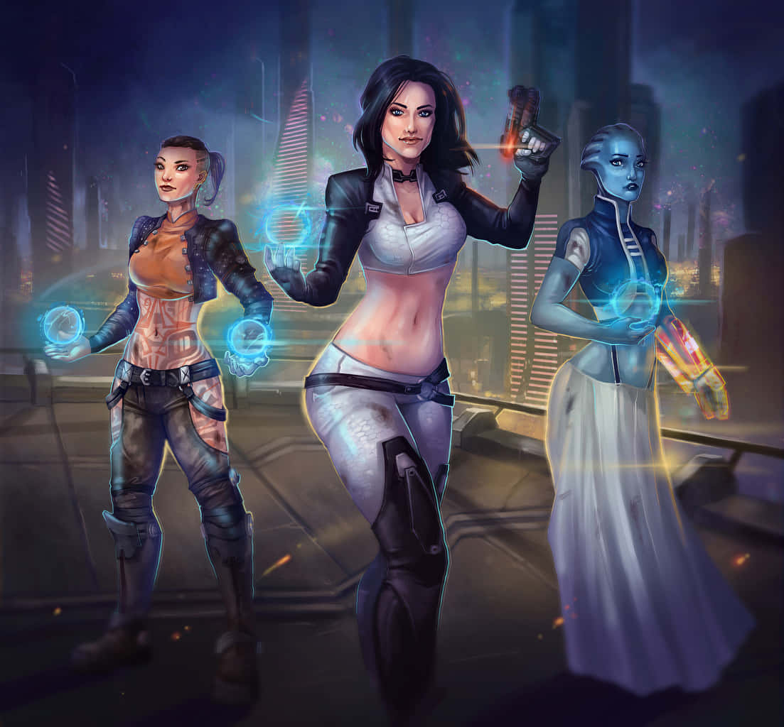 Liara T'soni 桌布 壁紙 — 三位未來女性戰士在夜晚的屋頂上蓄勢待發，手持發光的能量武器，背景是霓虹燈點亮的城市景觀。
