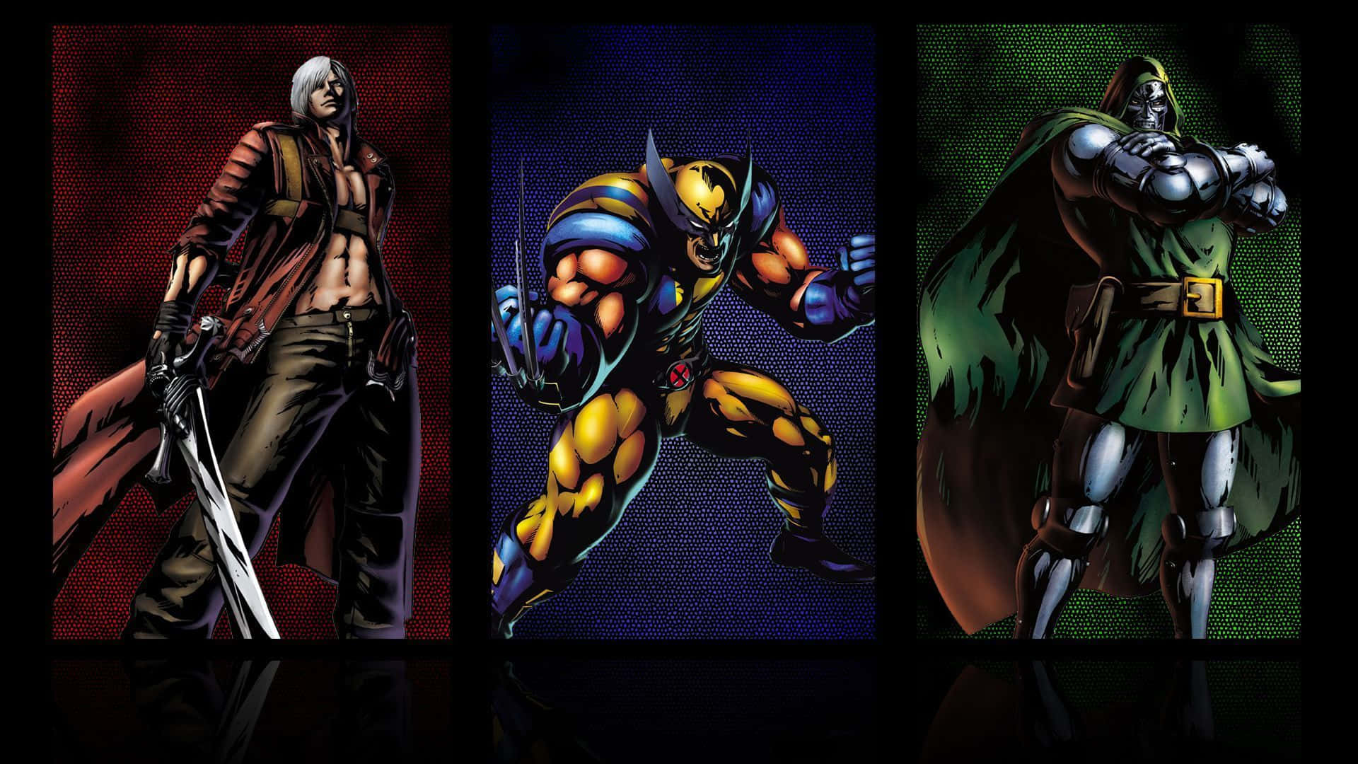 Marvel Vs Capcom Characters 桌布 壁紙 — 三位標誌性漫畫英雄以戲劇性姿勢站立，背景為彩色且地板具有反射效果。