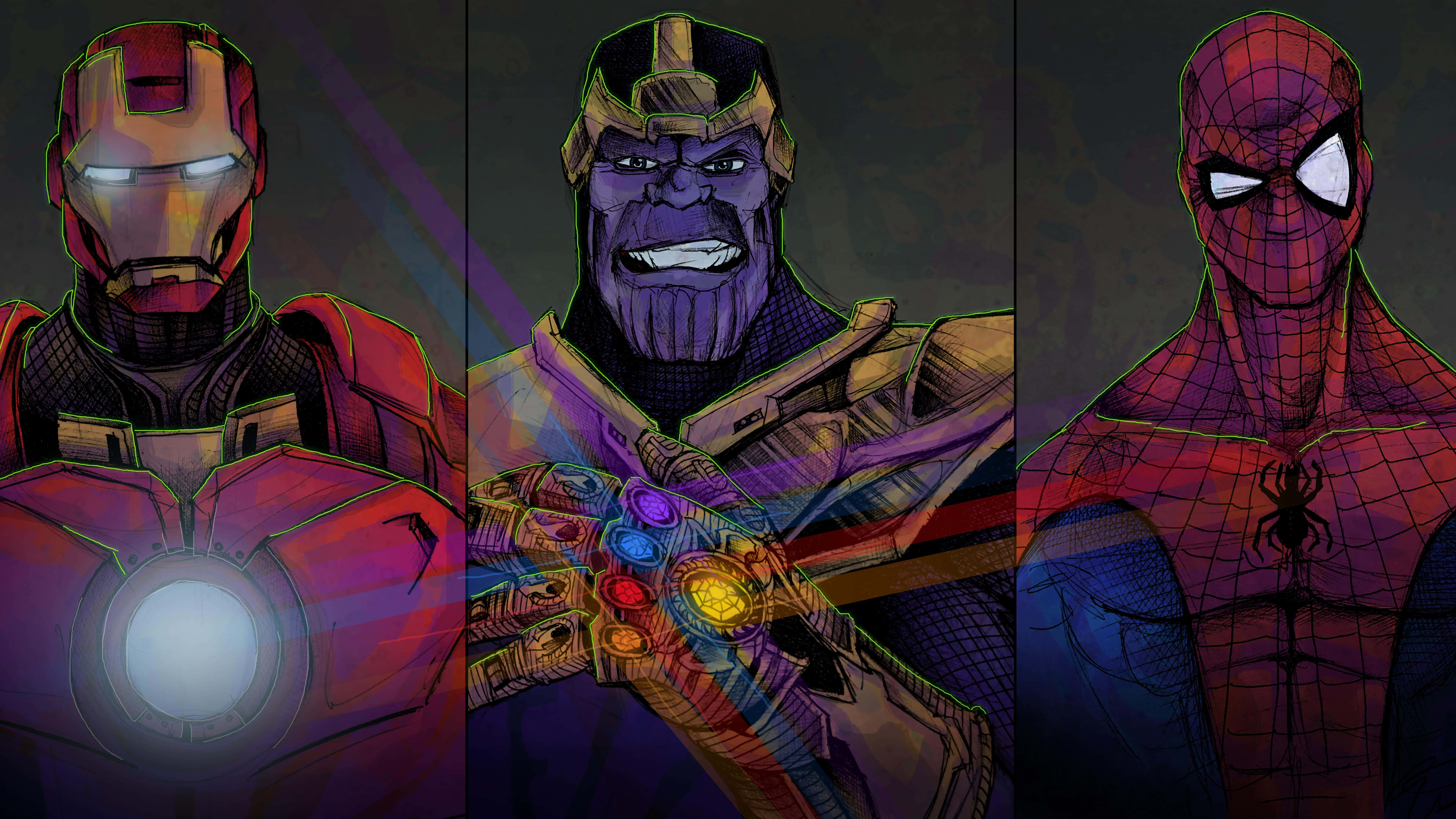 Iron Man Vs Thanos 桌布 壁紙 — 三位標誌性超級英雄鐵甲奇俠、薩諾斯和蜘蛛俠並肩站立在風格化的漫畫插圖中，帶有發光輪廓和戲劇性燈光。