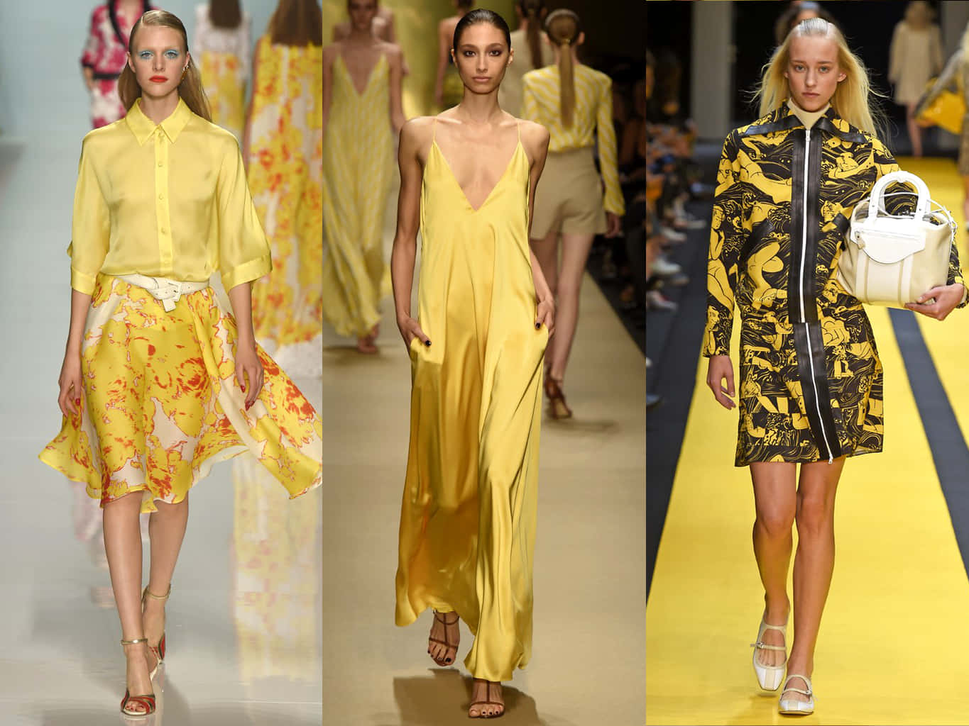 Yellow Fashion 桌布 壁紙 — 三位模特兒在時裝天橋上穿著大膽的黃色服裝，從花卉裙到時尚連衣裙和圖案外套。