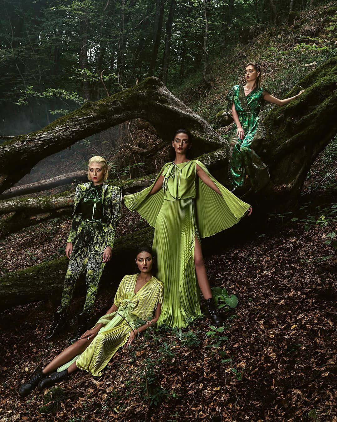 Green Fashion 桌布 壁紙 — 三位模特兒穿著鮮豔的綠色服裝，在茂密森林中長滿苔蘚的倒木間戲劇性地擺姿勢。