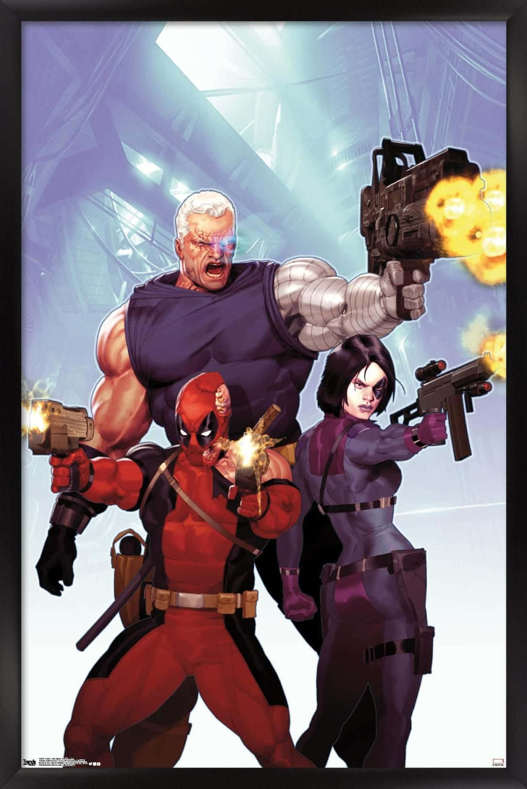 Deadpool And Domino 桌布 壁紙 — 三位漫畫英雄以動態動作姿勢，在未來城市背景下發射武器，伴隨爆炸性槍口閃光。