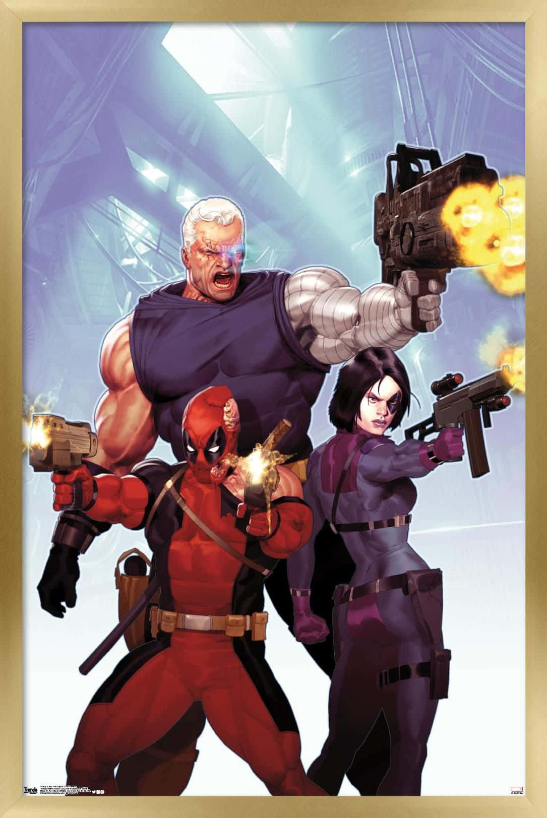 Deadpool And Domino 桌布 壁紙 — 三位漫畫英雄以動態動作姿勢，在未來主義的藍白背景下開火，槍口閃爍著火焰。