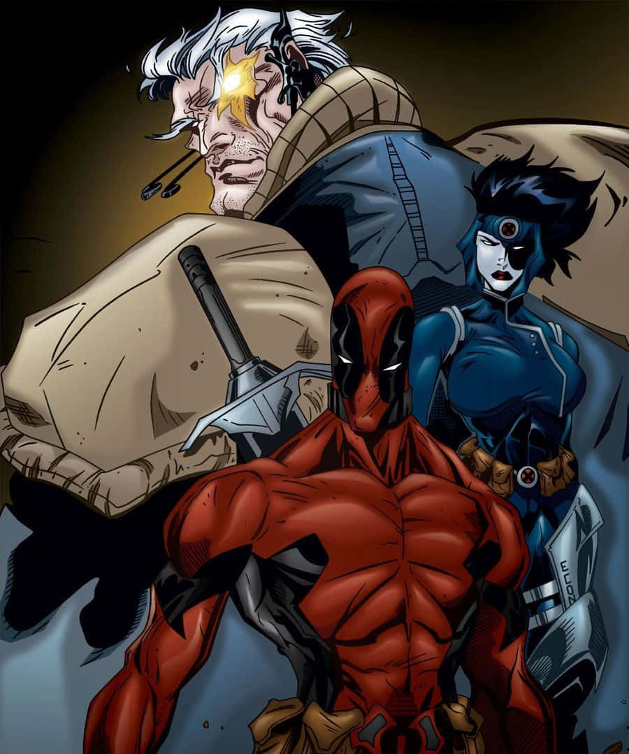 Deadpool And Domino 桌布 壁紙 — 三位漫畫英雄死侍、機堡和多米諾在氣氛燈光下以戲劇性的姿勢站立，表情強烈，服裝細節豐富。