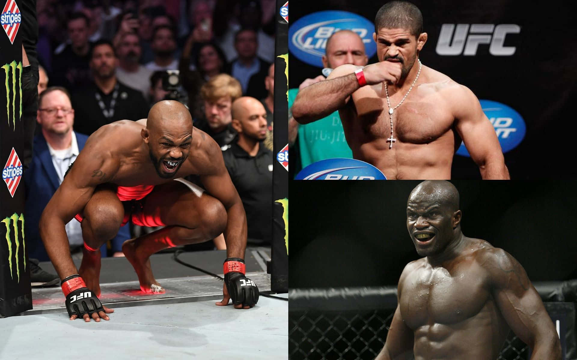 UFC 桌布 壁紙 — 三位激烈的UFC拳手在八角籠中的時刻，在明亮的場館燈光下展現原始力量和侵略性。