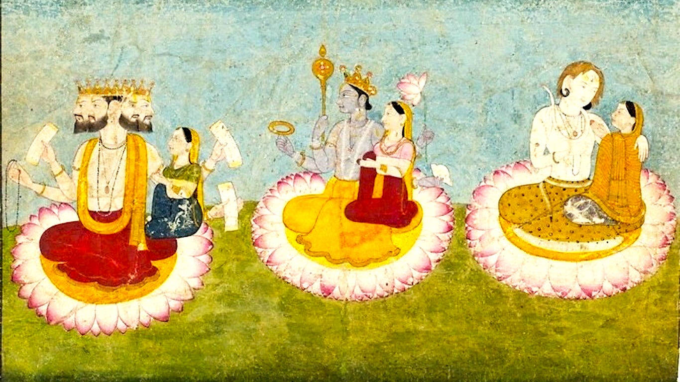 Indian 桌布 壁紙 — 三位神聖人物坐在蓮花上，這是一幅傳統印度細密畫，色彩鮮豔，頭飾華麗。