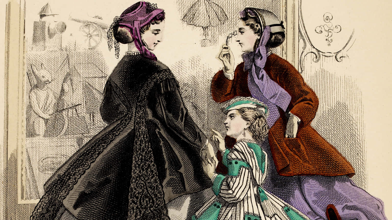 Victorian 桌布 壁紙 — 三位穿著復古服裝的優雅女士在室內交談，周圍有華麗的家具和一個小孩。