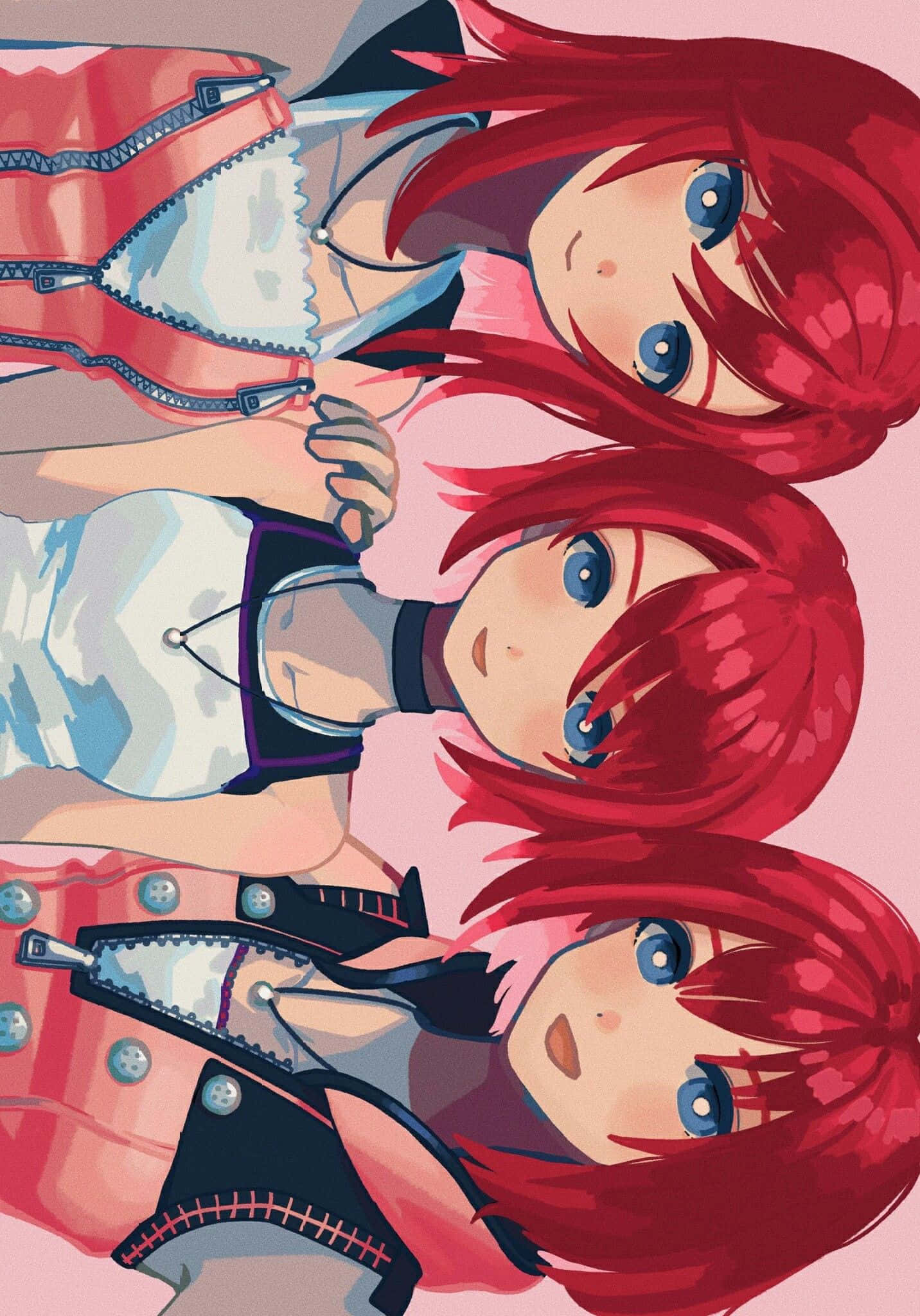 Kingdom Hearts Kairi 桌布 壁紙 — 三位紅髮藍眼嘅動漫少女穿著相配嘅粉紅色外套，背景係柔和嘅粉紅色。