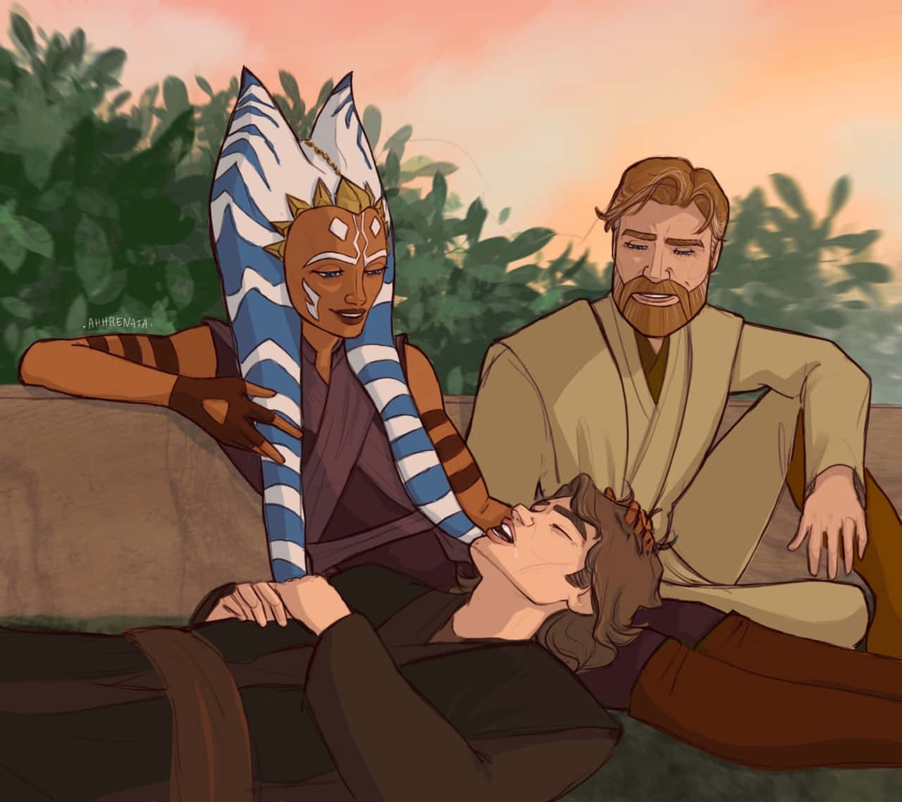The Order 66 桌布 壁紙 — 三位絕地武士一起坐在寧靜的日落花園中，身後是茂密的綠植和溫暖的橙色天空。